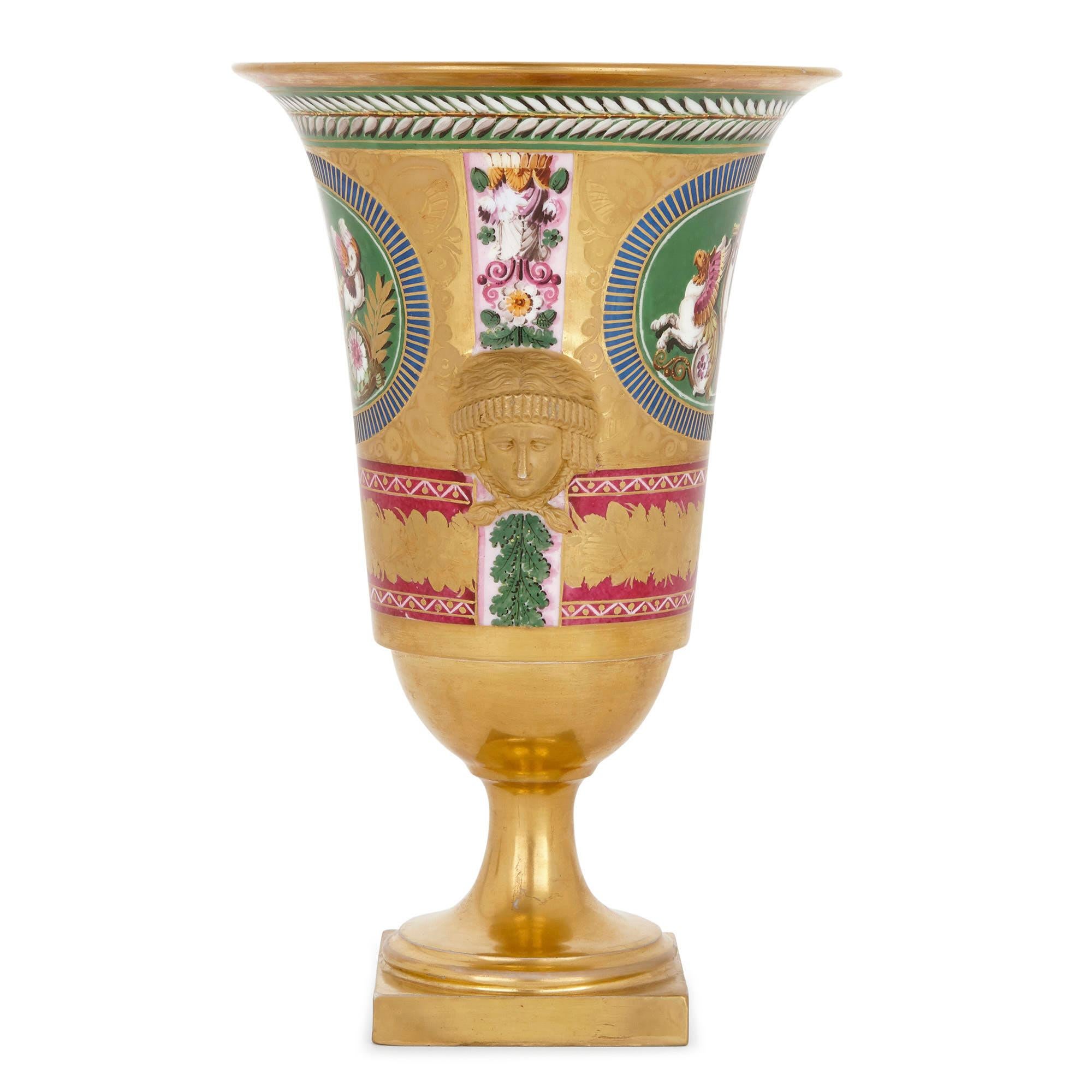 These beautiful painted and gilt vases were crafted in circa 1810 by the important Parisian porcelain factory, Dihl et Guérhard (French, 1781-circa 1824). Porcelain items manufactured by Dihl et Guérhard can be found today in the British Museum in