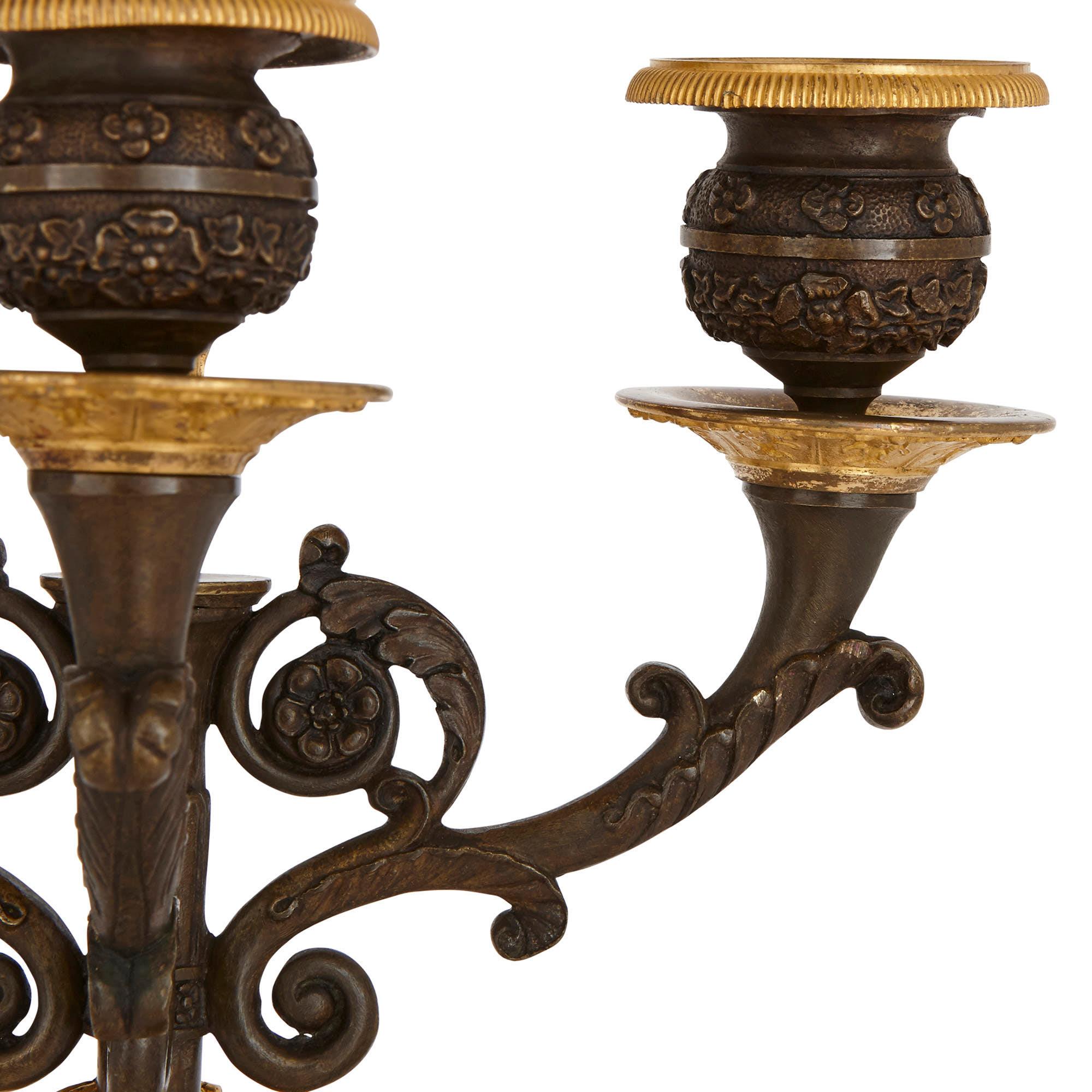 Two Empire Style Gilt and Patinated Bronze Candelabra For Sale 2