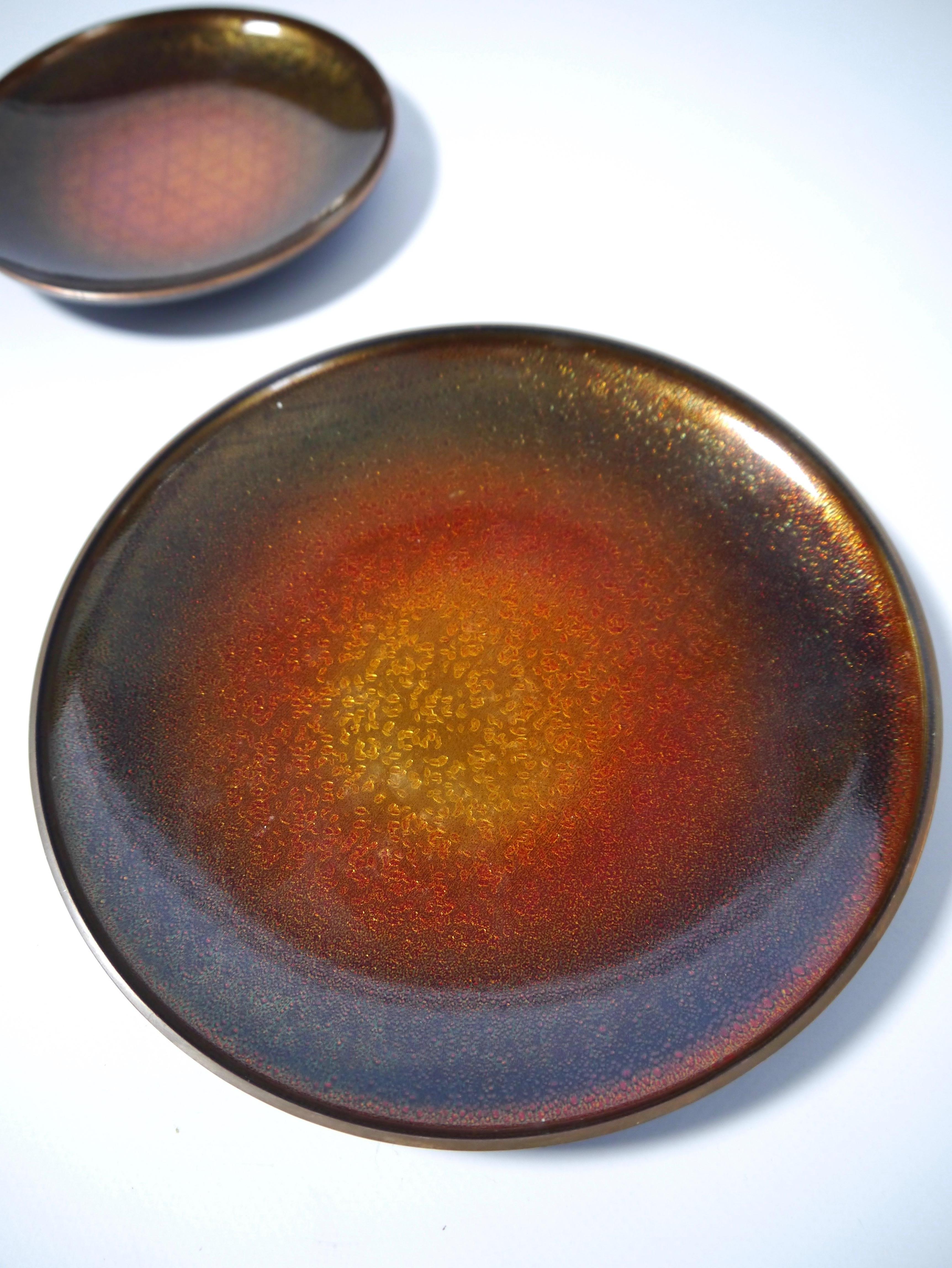 Mid-Century Modern Two Enameled Copper Trays / Plates by David Andersen, Norway 1960s For Sale