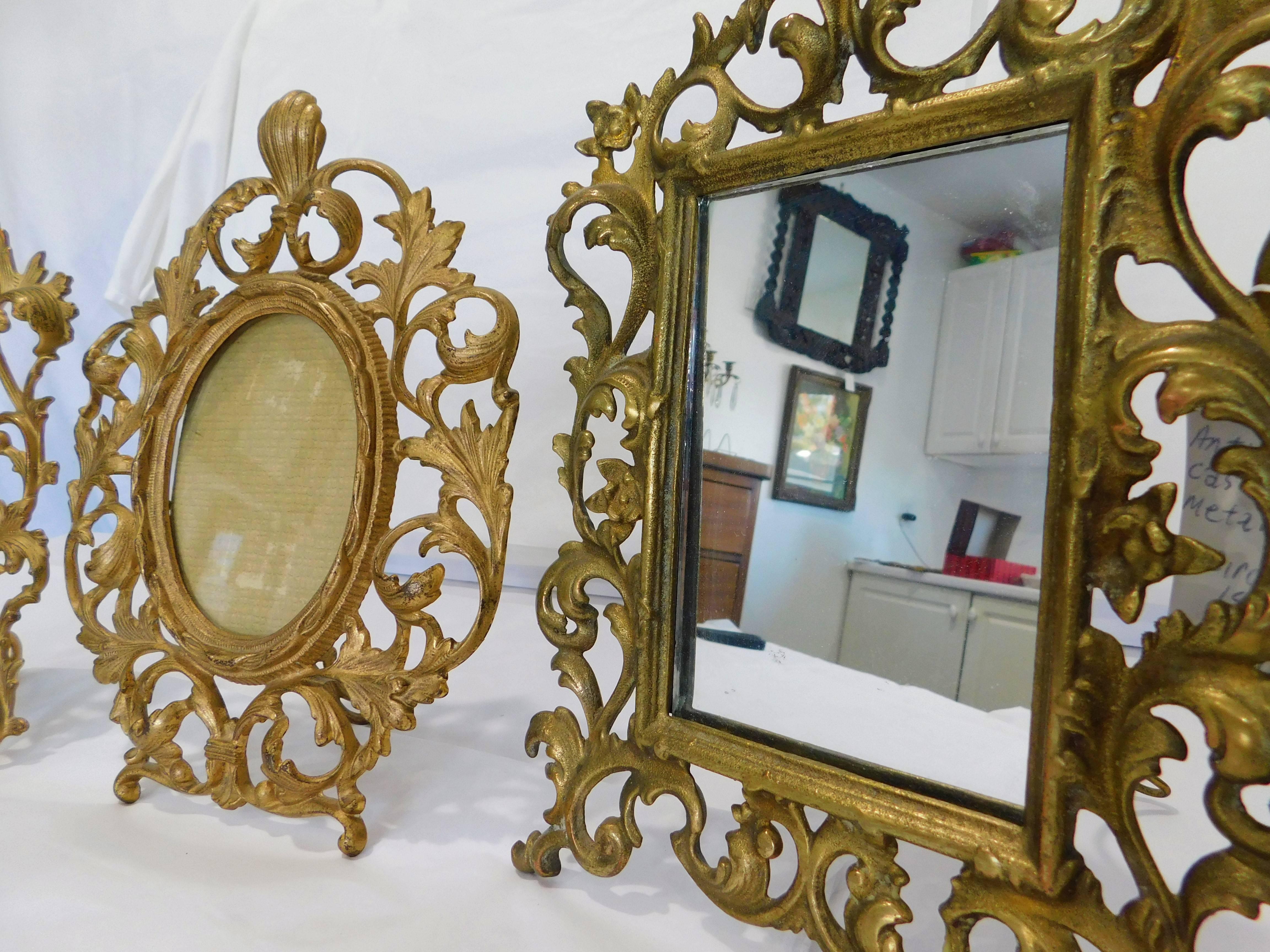 Rococo 3 English 19th Century Gilt Bronze Antique Table Vanity Mirrors and Oval Frame For Sale