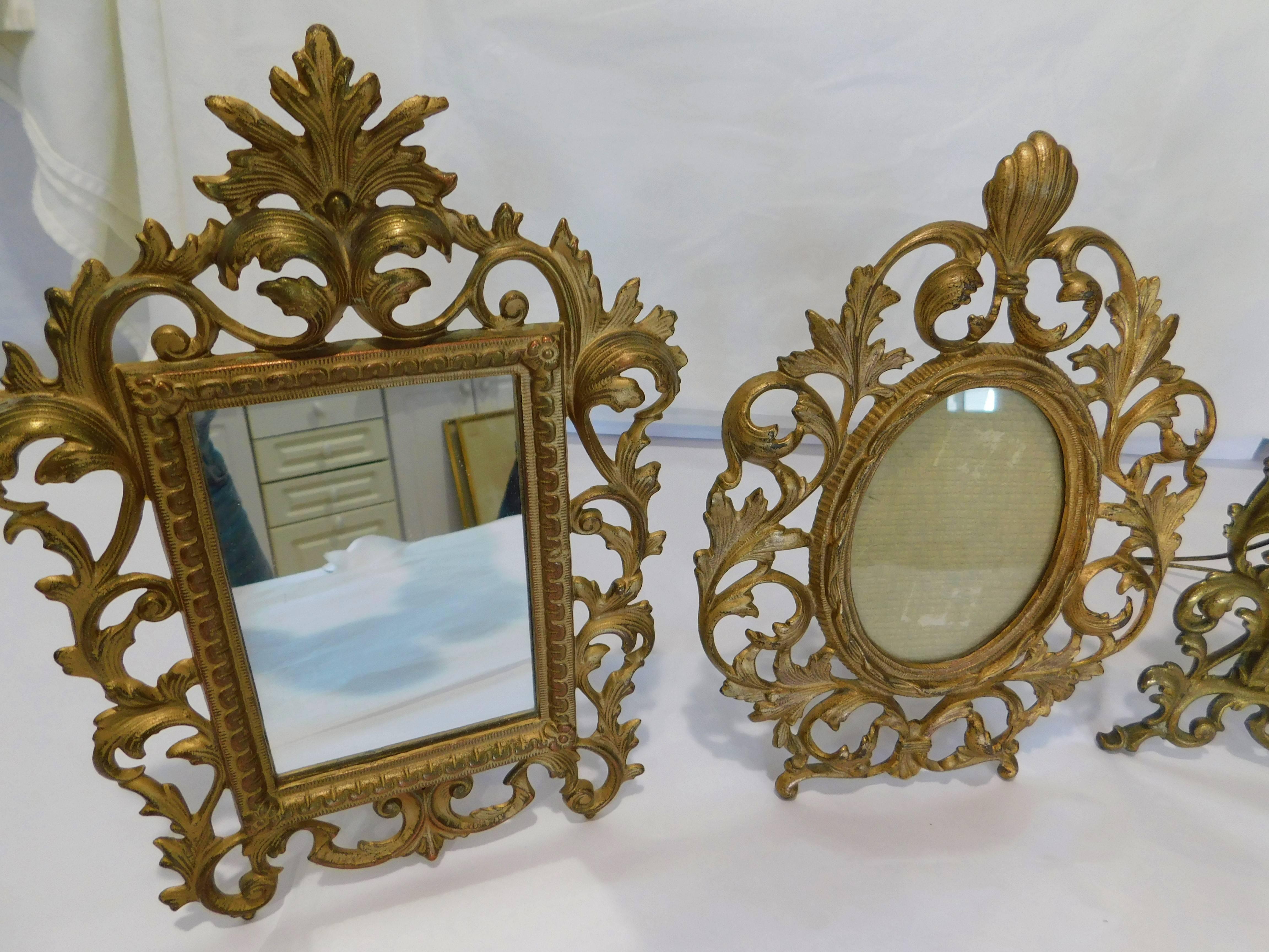 3 English 19th Century Gilt Bronze Antique Table Vanity Mirrors and Oval Frame In Good Condition In Hamilton, Ontario