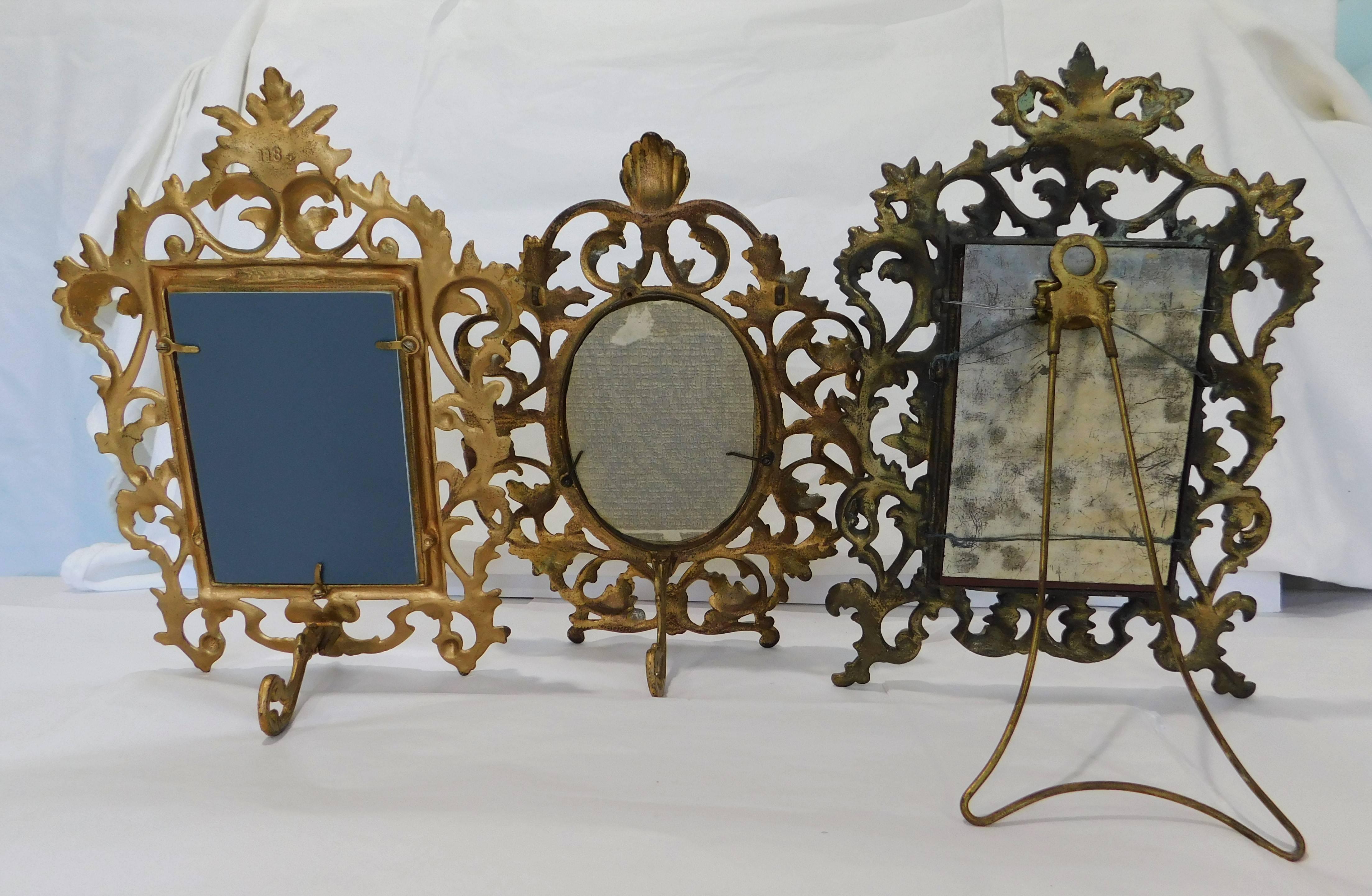 3 English 19th Century Gilt Bronze Antique Table Vanity Mirrors and Oval Frame For Sale 1