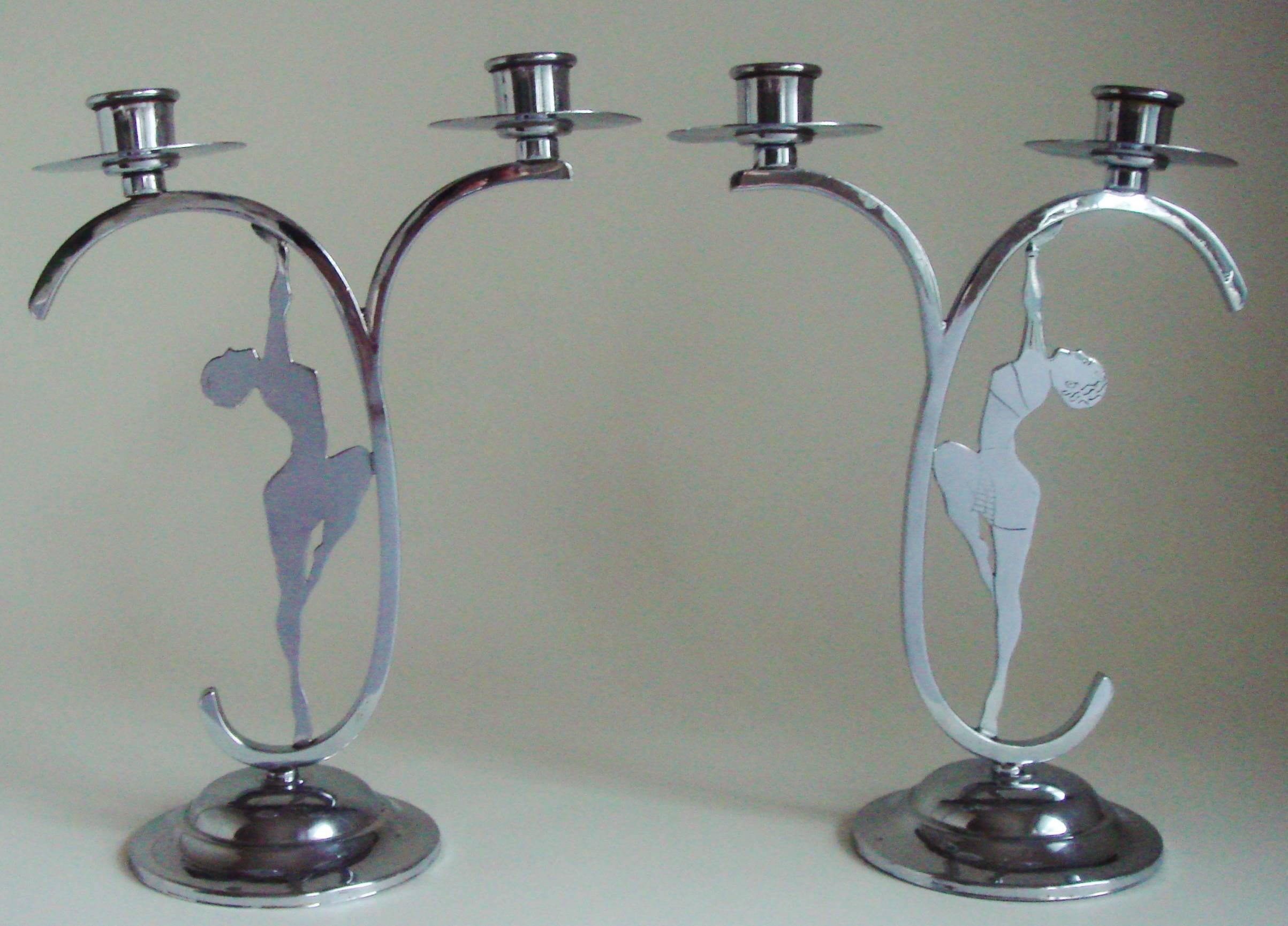 Plated Two English Art Deco Chrome Figural Josephine Baker Twin Candle Holders For Sale