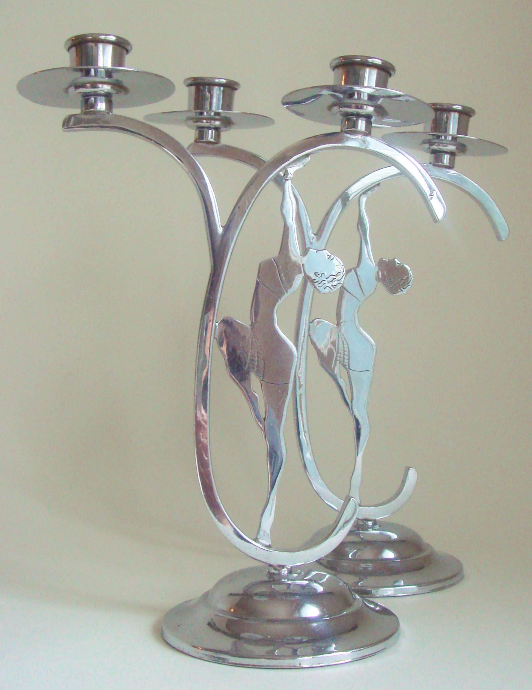 Two English Art Deco Chrome Figural Josephine Baker Twin Candle Holders In Excellent Condition For Sale In Port Hope, ON