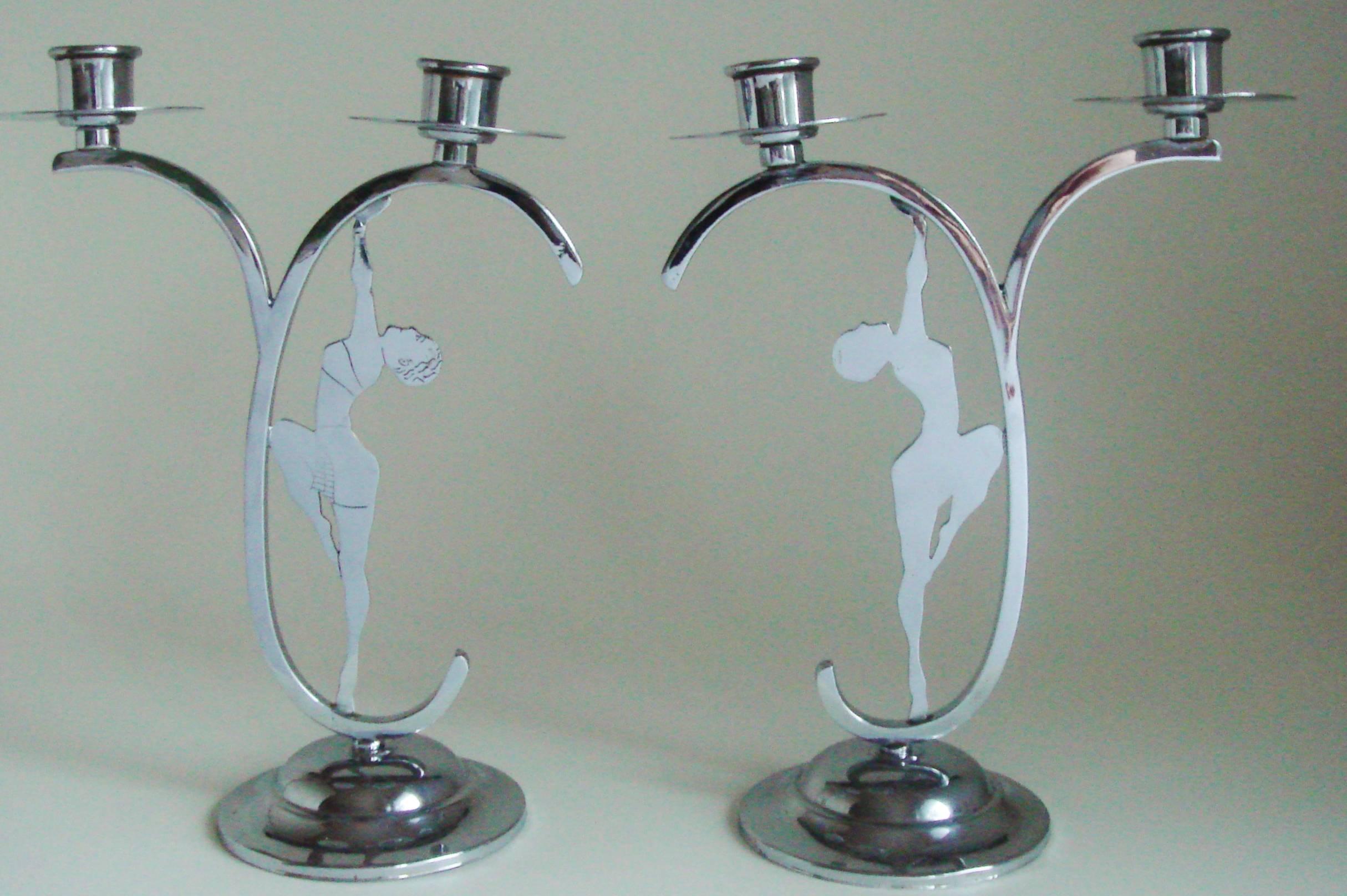 Two English Art Deco Chrome Figural Josephine Baker Twin Candle Holders For Sale 1