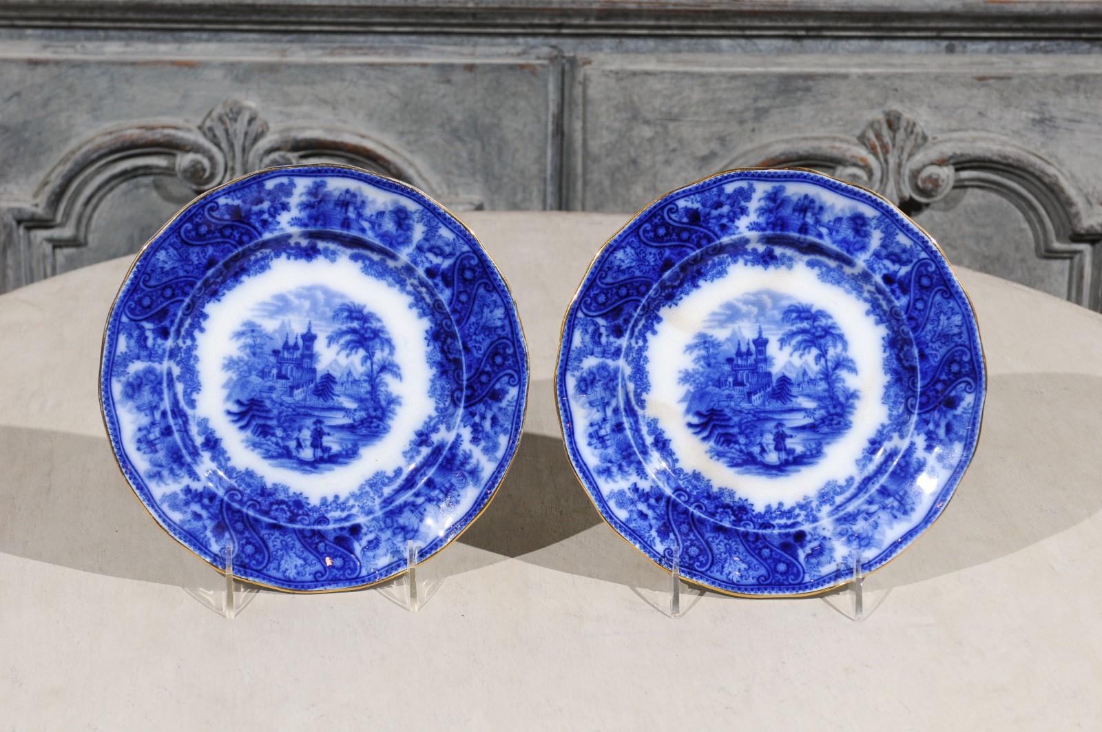 19th Century Two English Burgess & Leigh Middleport Plates with Flow Blue Nonpareil Patterns