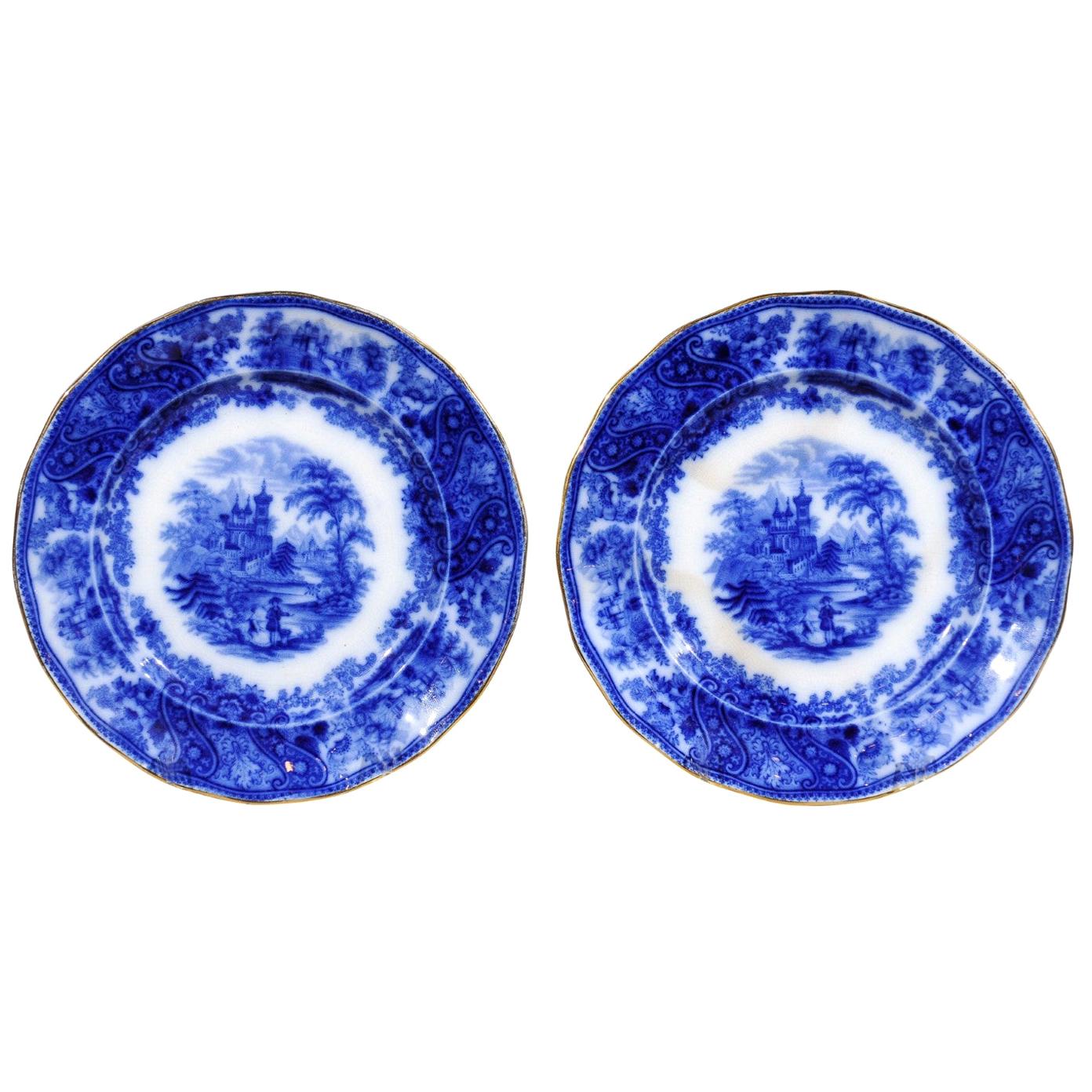 Zwei englische Burgess & Leigh Middleport-Teller mit fließenden blauen Nonpareil-Mustern