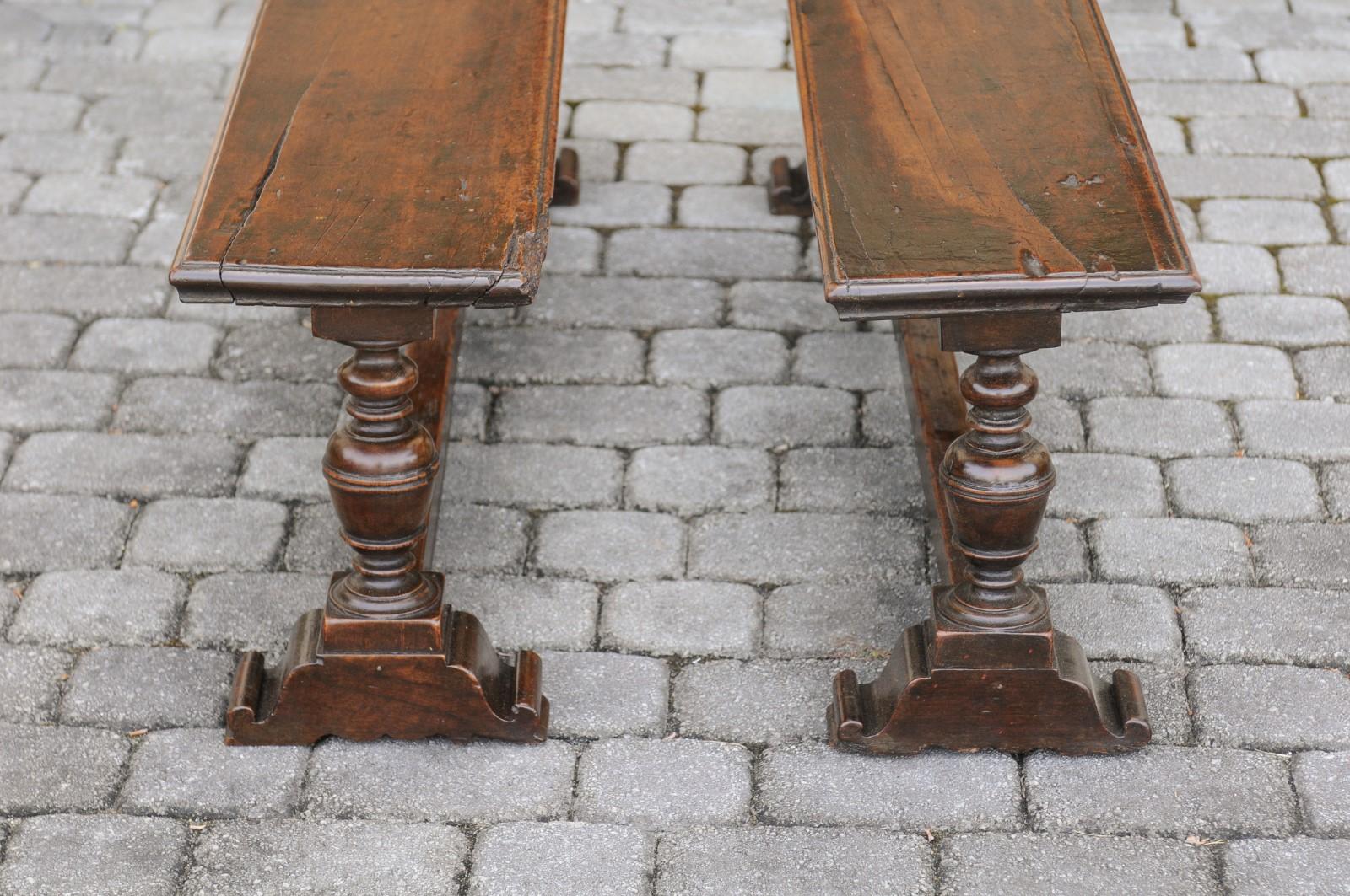 Two English Georgian Period Walnut Benches with Turned Legs and Cross Stretcher For Sale 6