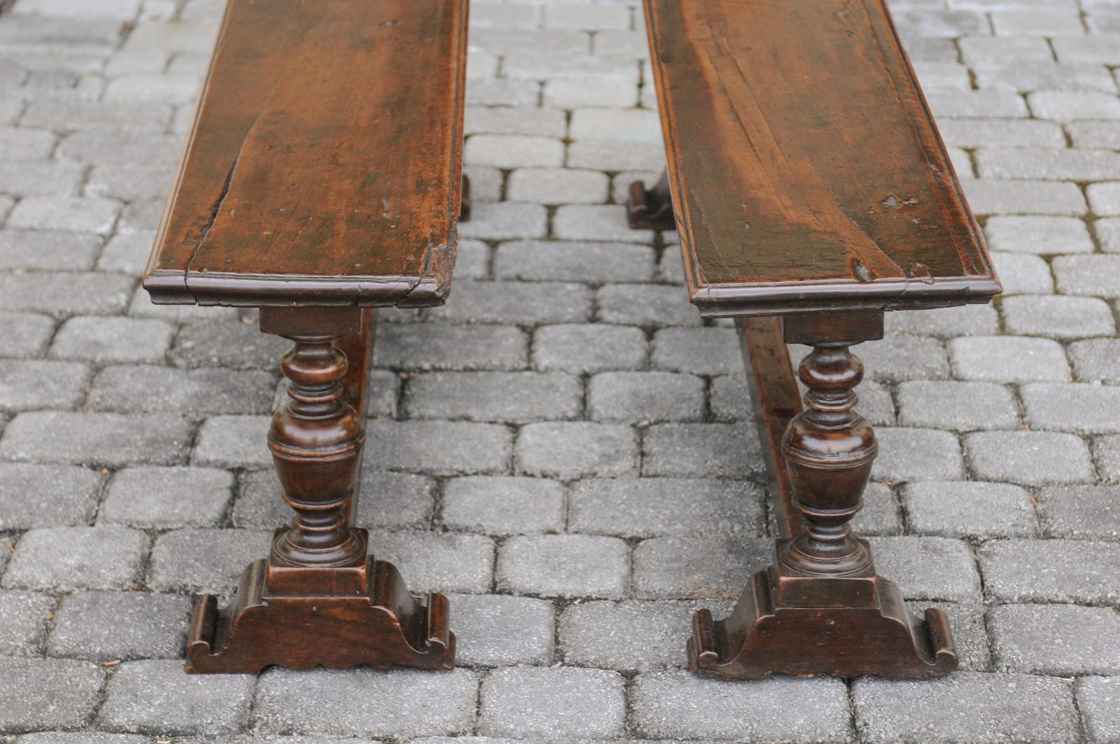 Two English Georgian Period Walnut Benches with Turned Legs and Cross Stretcher For Sale 7