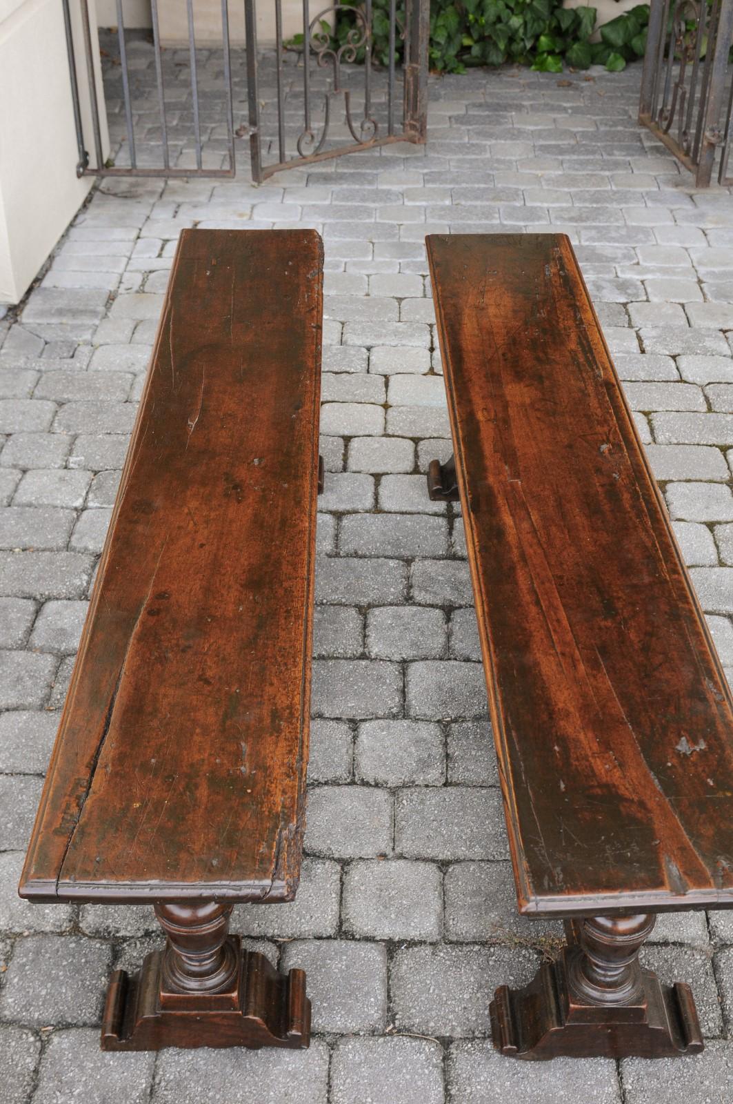 Two English Georgian Period Walnut Benches with Turned Legs and Cross Stretcher For Sale 8