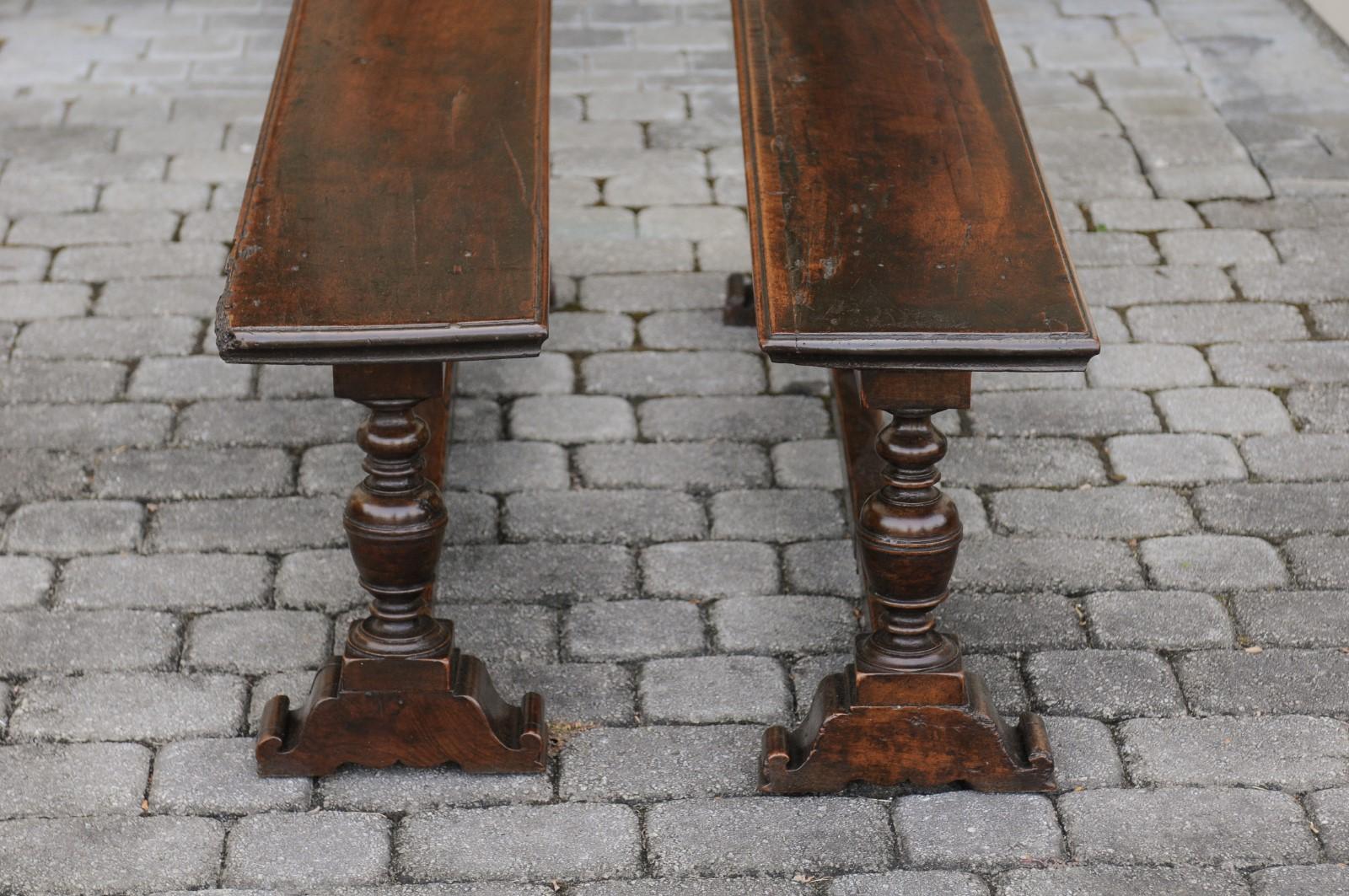 Two English Georgian Period Walnut Benches with Turned Legs and Cross Stretcher For Sale 9