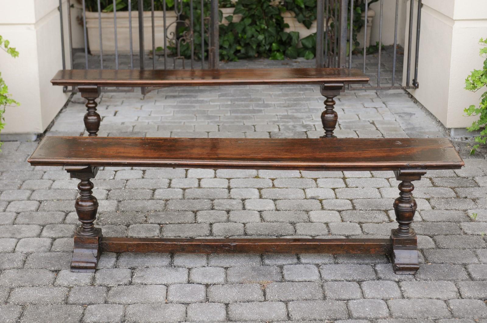 Two English Georgian Period Walnut Benches with Turned Legs and Cross Stretcher For Sale 10