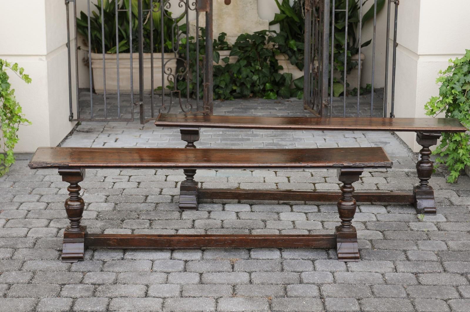 19th Century Two English Georgian Period Walnut Benches with Turned Legs and Cross Stretcher For Sale