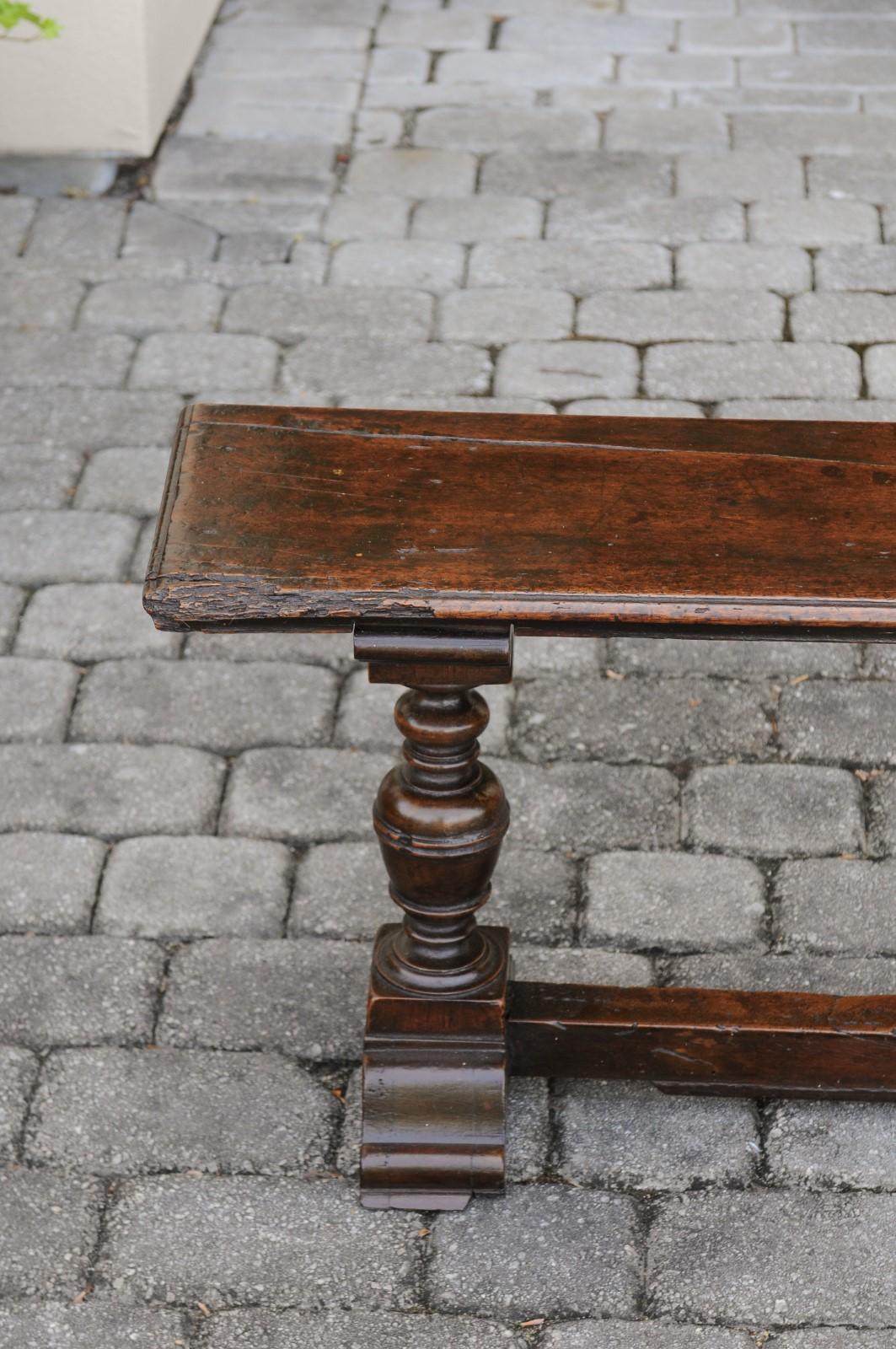 Two English Georgian Period Walnut Benches with Turned Legs and Cross Stretcher For Sale 2