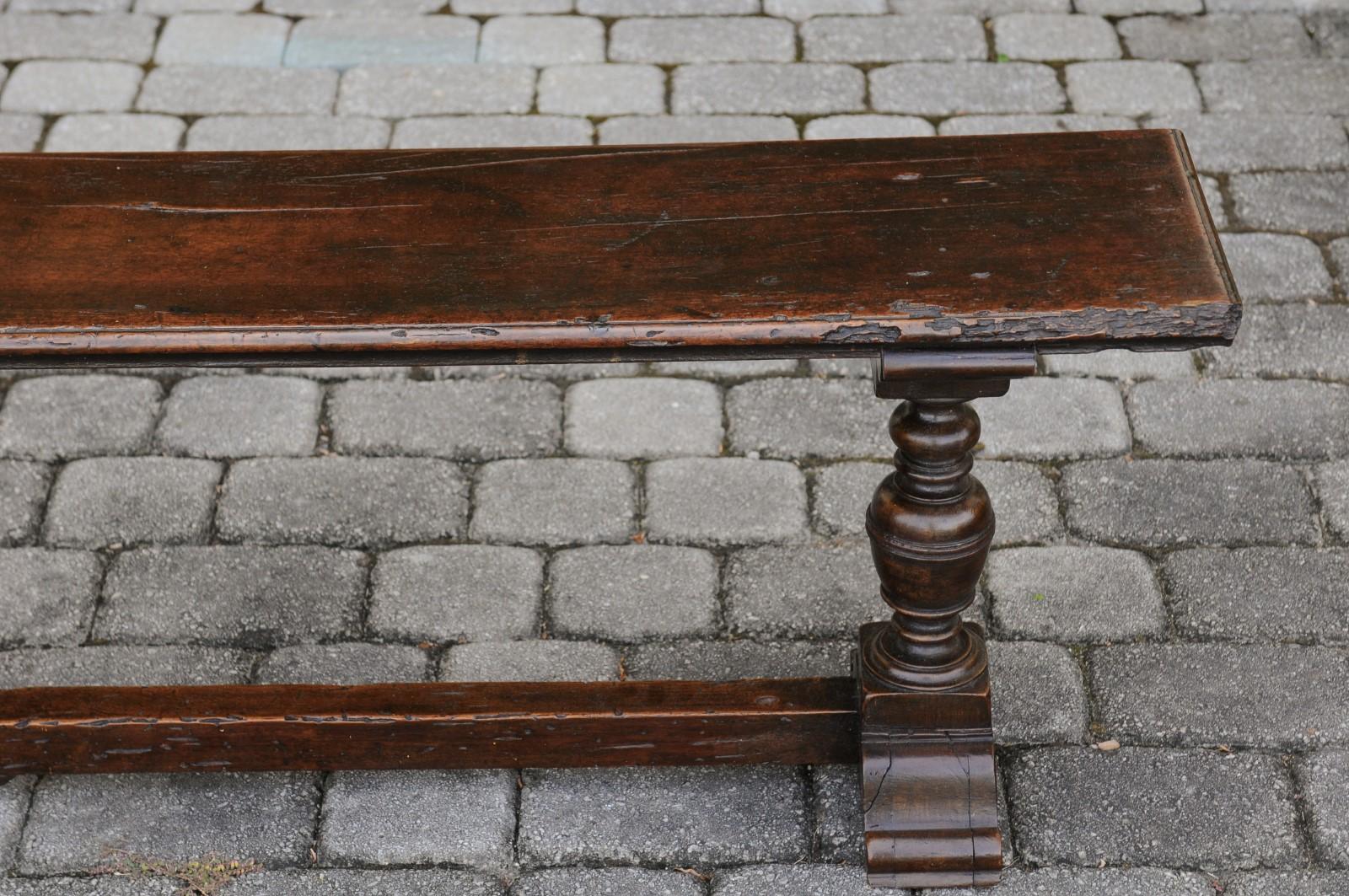 Two English Georgian Period Walnut Benches with Turned Legs and Cross Stretcher For Sale 3