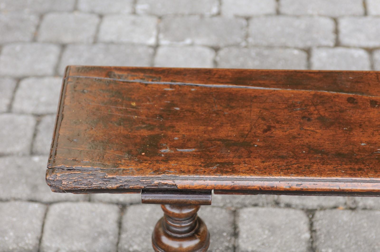 Two English Georgian Period Walnut Benches with Turned Legs and Cross Stretcher For Sale 5