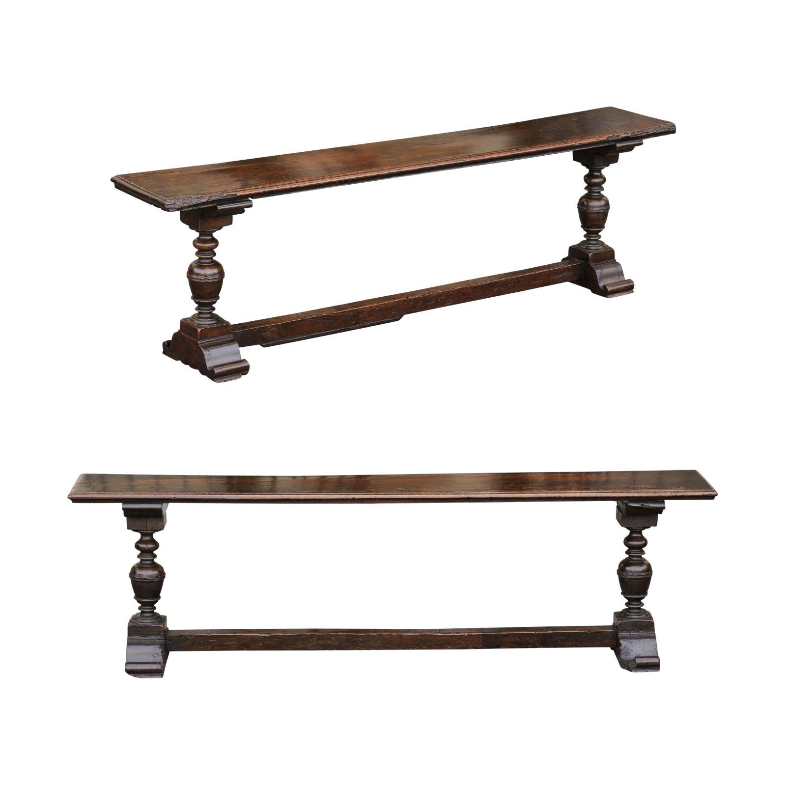 Two English Georgian Period Walnut Benches with Turned Legs and Cross Stretcher