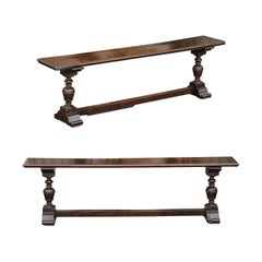Two English Georgian Period Walnut Benches with Turned Legs and Cross Stretcher