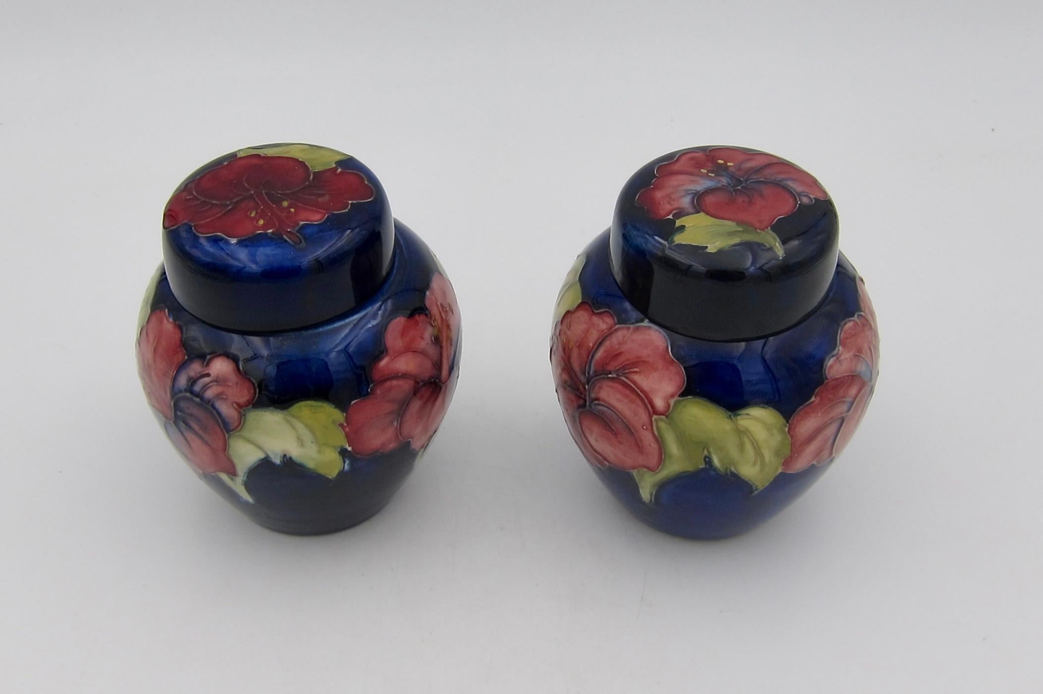 Art Nouveau Two English Moorcroft Pottery Ginger Jars in Blue Hibiscus Pattern