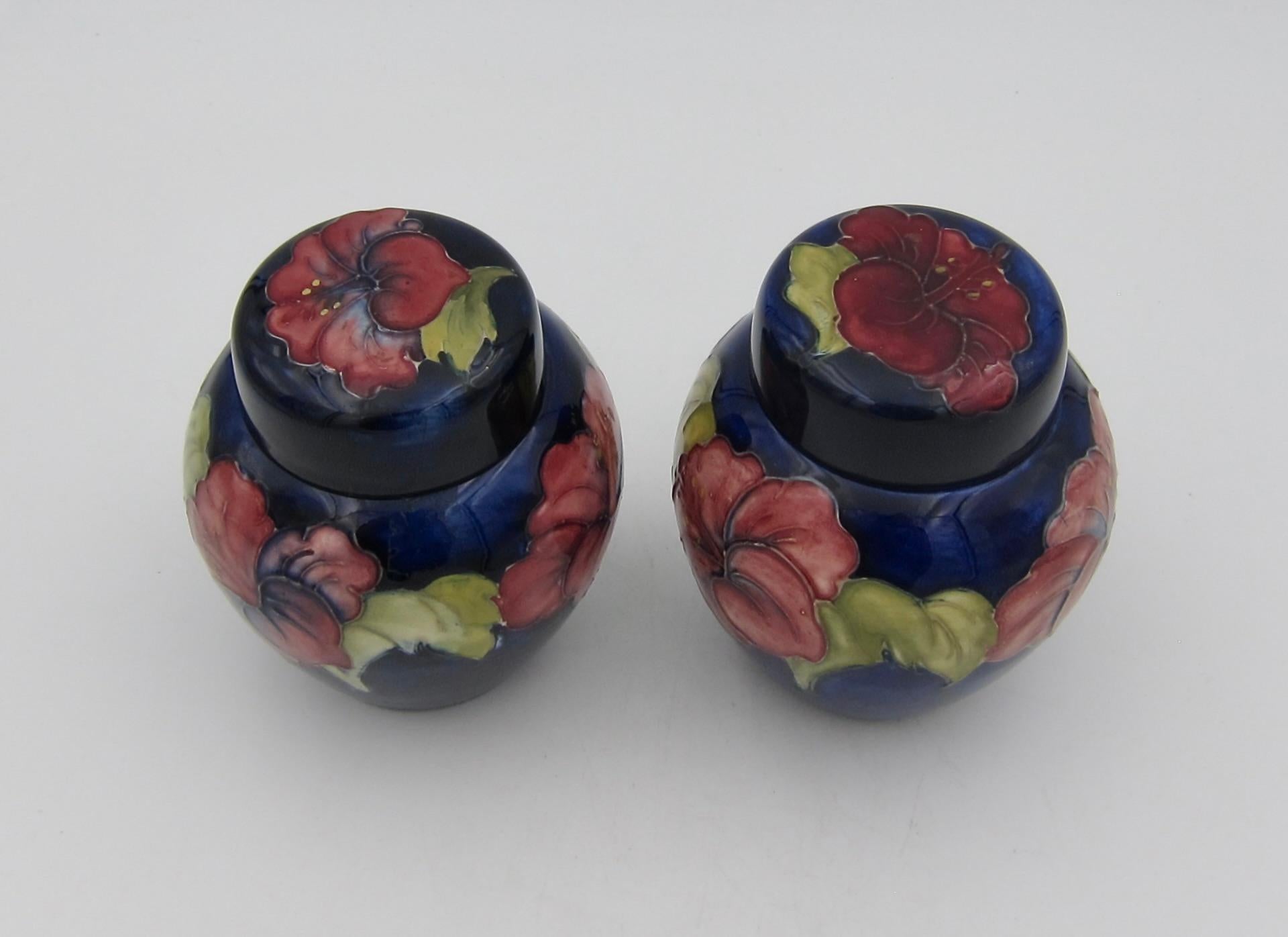 Glazed Two English Moorcroft Pottery Ginger Jars in Blue Hibiscus Pattern