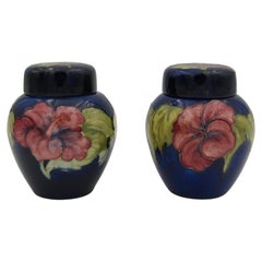 Retro Two English Moorcroft Pottery Ginger Jars in Blue Hibiscus Pattern