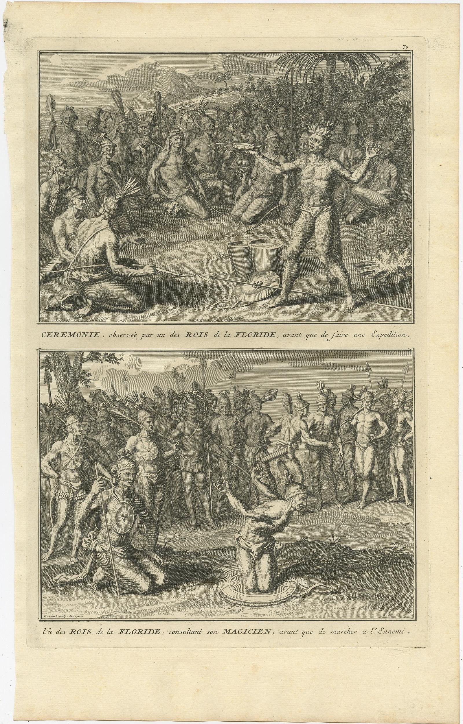 Antique print titled 'Ceremonie, observée par un des Rois de la Floride (..)'. 

Two images on one sheet. 

1. A ceremony that takes place before they set-off on an expedition, attended and observed by a Floridian King. 

2. A Floridian King