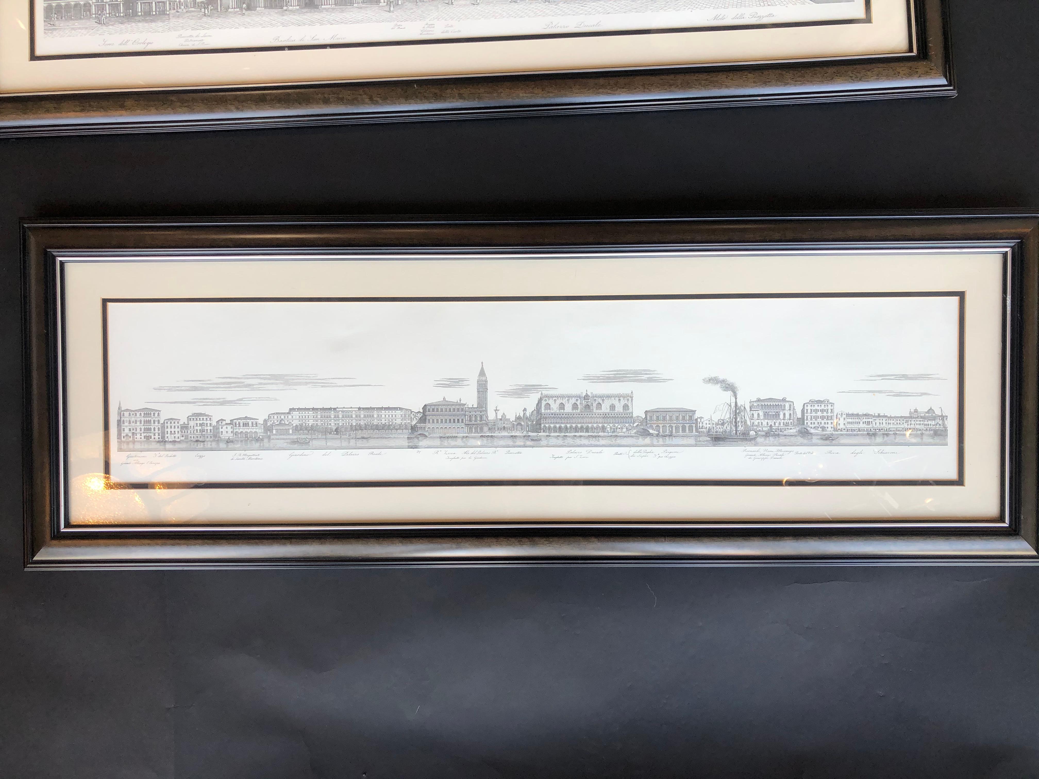 Two panoramic engravings of Italian cityscapes by ports.