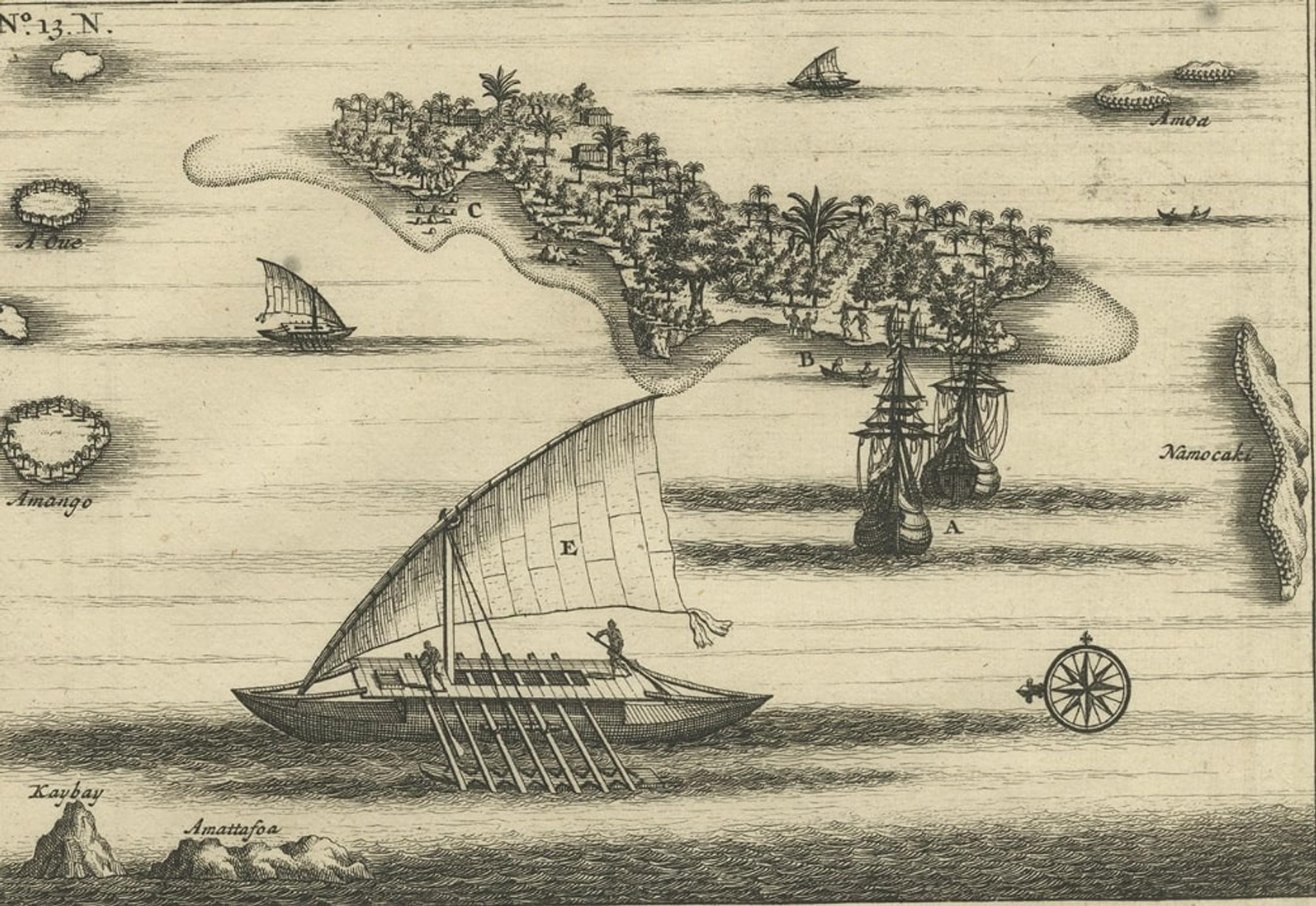 Antique print Indonesia titled 'Anamocka by ons genaemt 't Eylant Rotterdam'. Two engravings on one sheet showing the boats and peoples of Anamocka Island in the islands of Tonga. This print originates from 'Oud en Nieuw Oost-Indiën' by F.