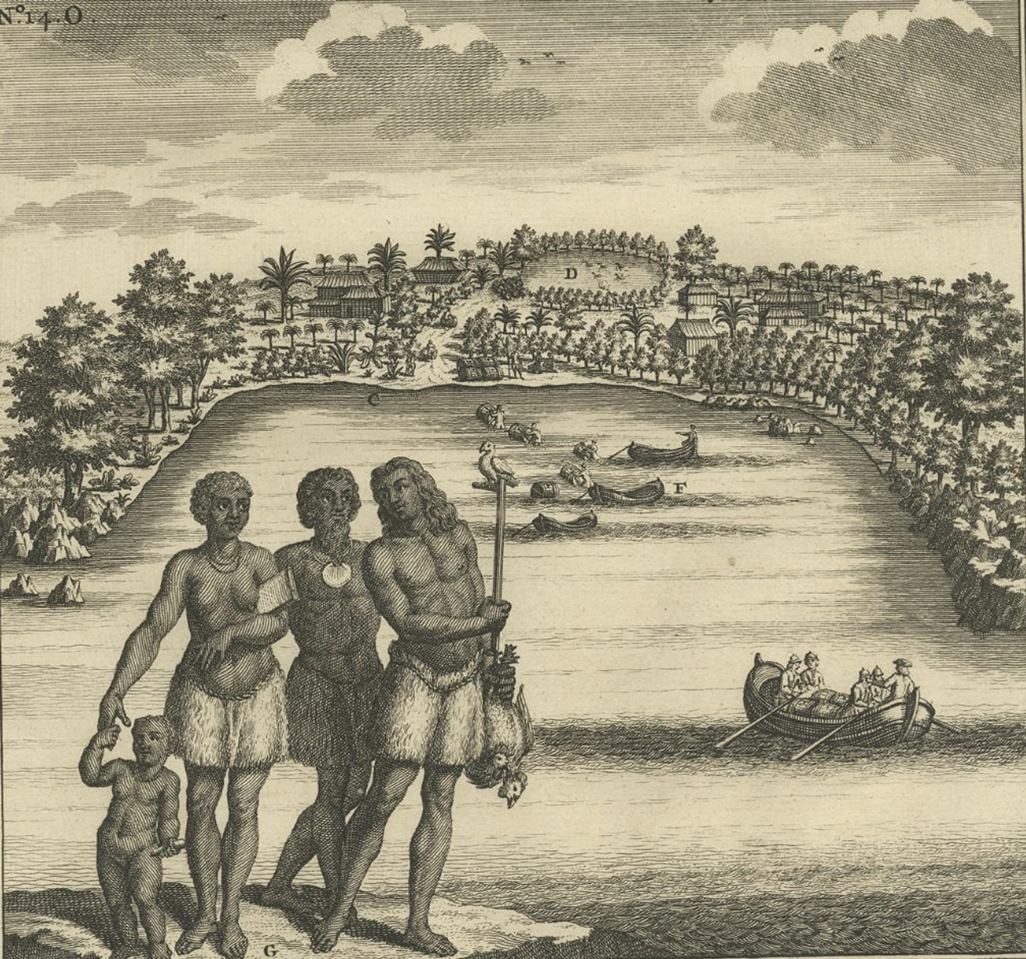Two Engravings Tonga Archipel Anamuka 't Eylant Rotterdam', Valentijn, 1726 In Good Condition For Sale In Langweer, NL