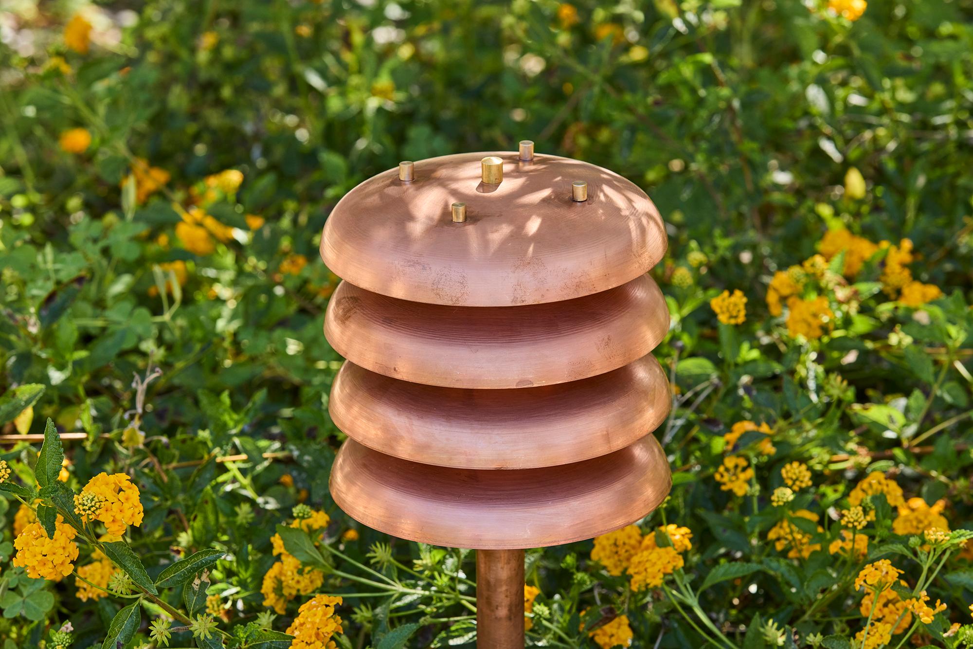 'Gibson' Outdoor Bollard Light in Raw Copper by Gary Gibson. Executed in raw unlacquered and unpolished copper. A highly refined fixture reminiscent of the designs of Poul Henningsen that brings bold, sculptural, yet glare-free illumination to