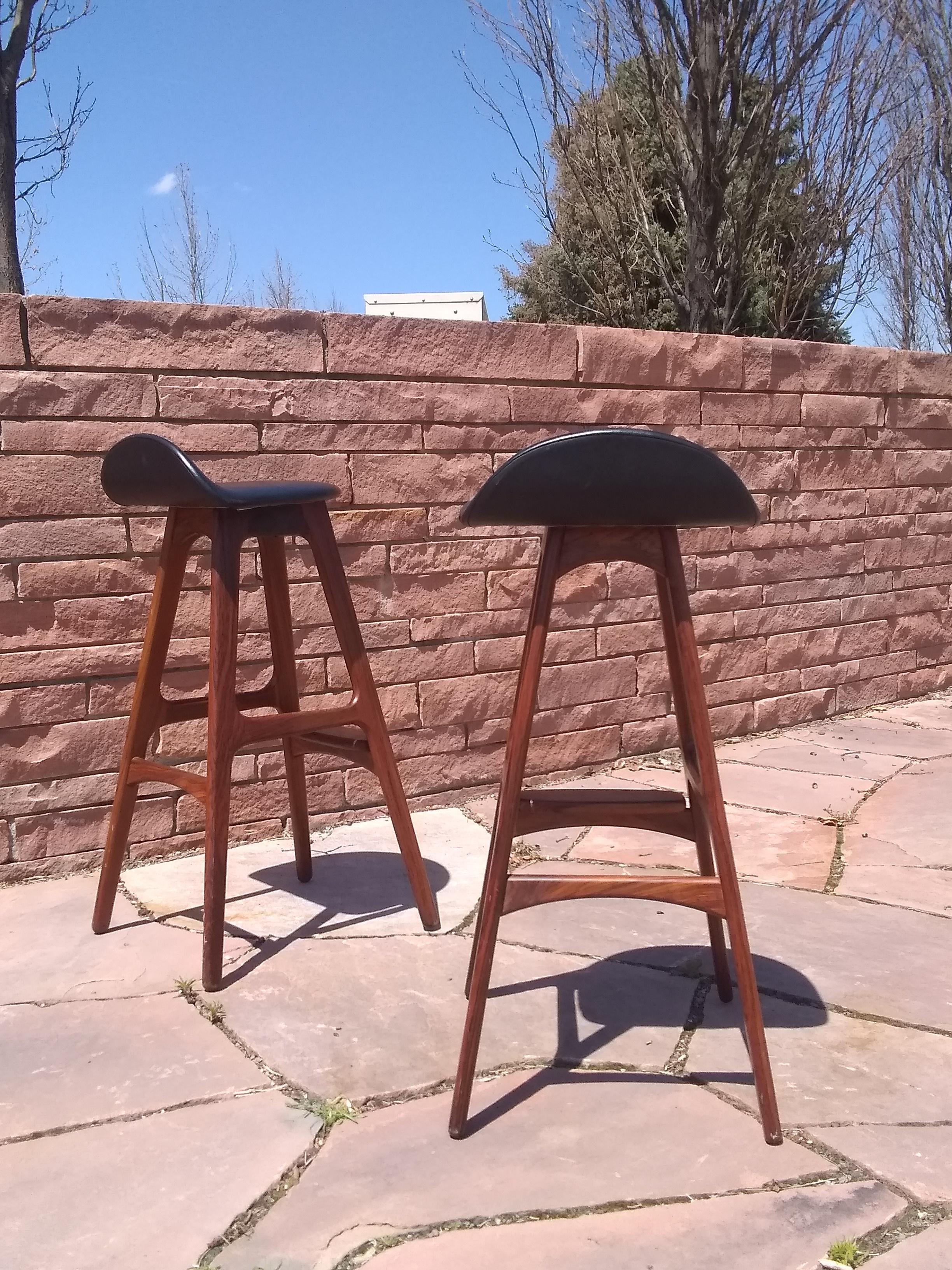 20th Century Two Erik Buck Bar Stools in Black Leather and Rosewood