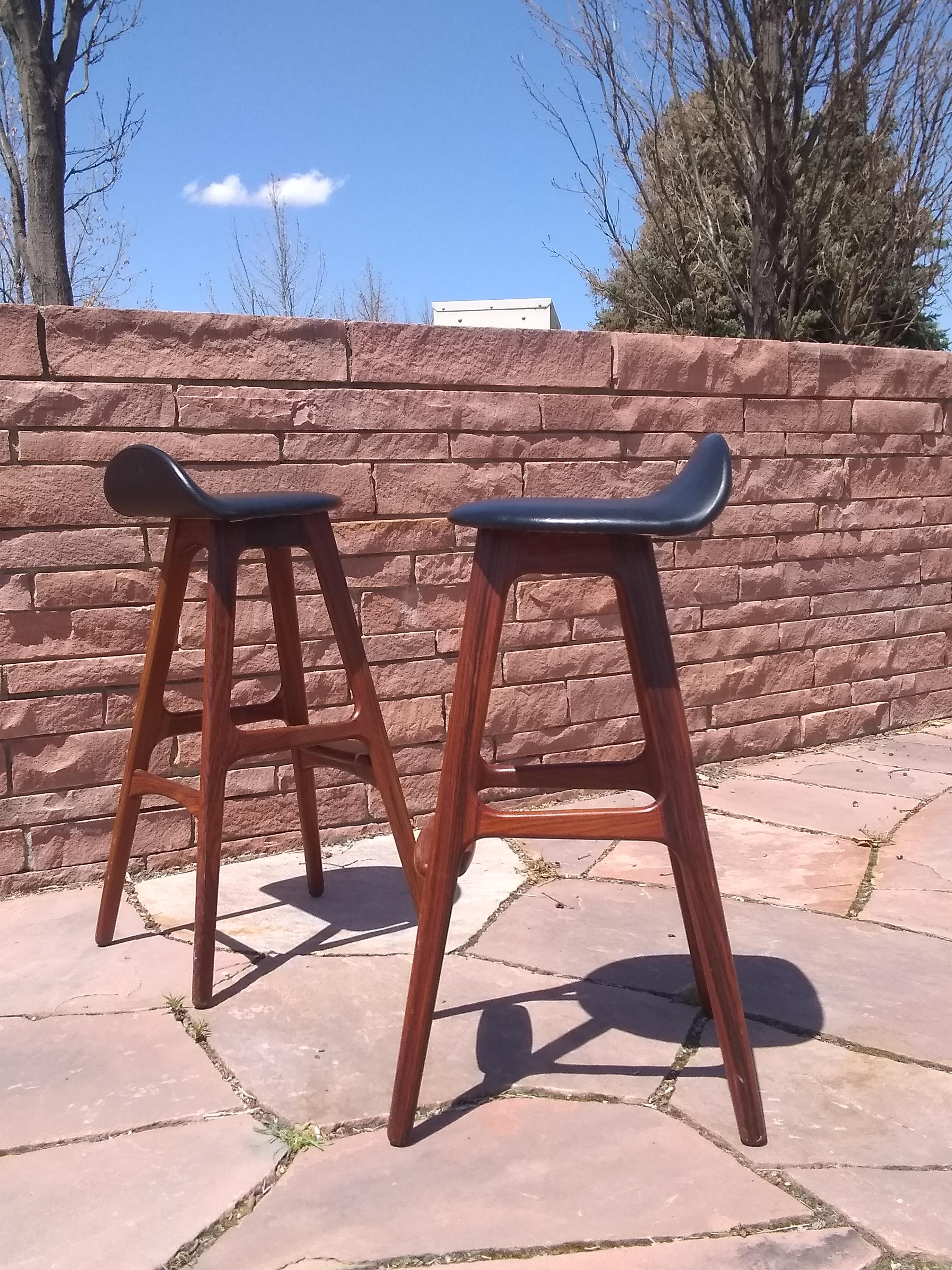 Two Erik Buck Bar Stools in Black Leather and Rosewood 1