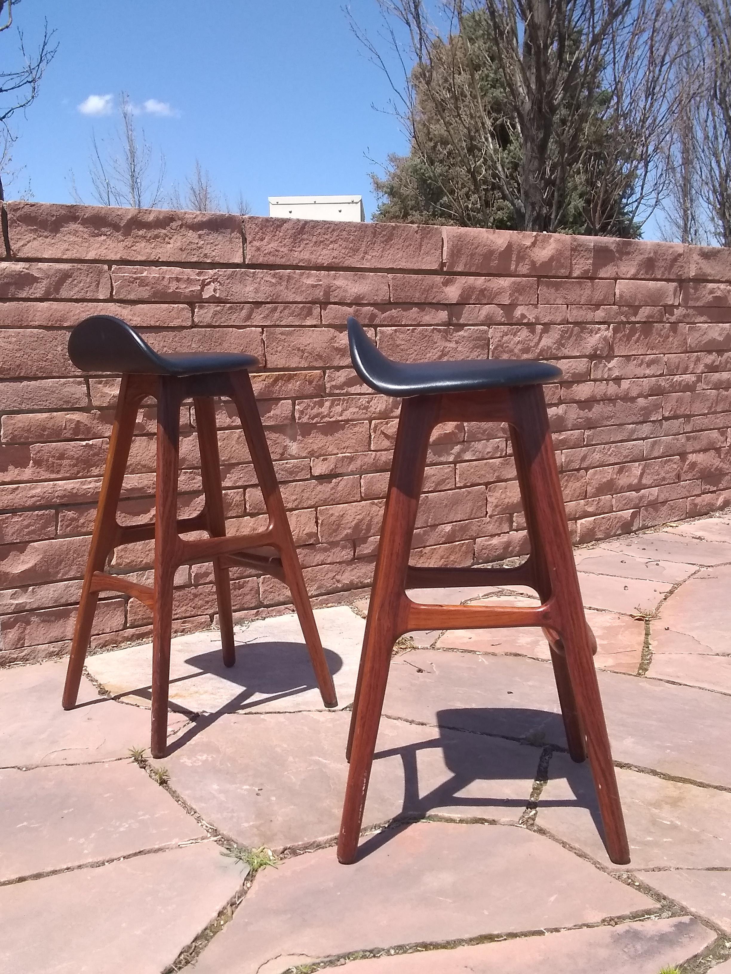 Two Erik Buck Bar Stools in Black Leather and Rosewood 2