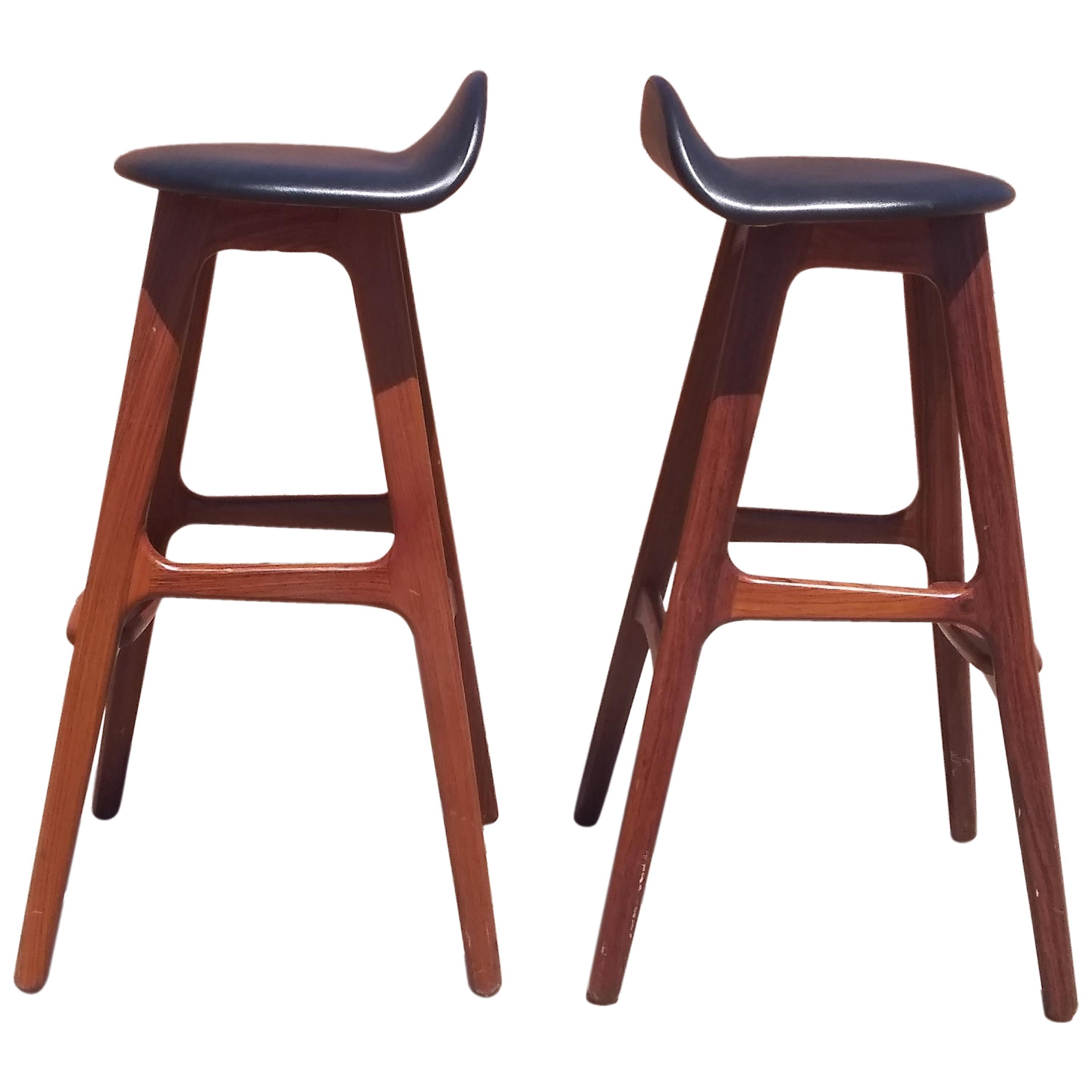 Two Erik Buck Bar Stools in Black Leather and Rosewood