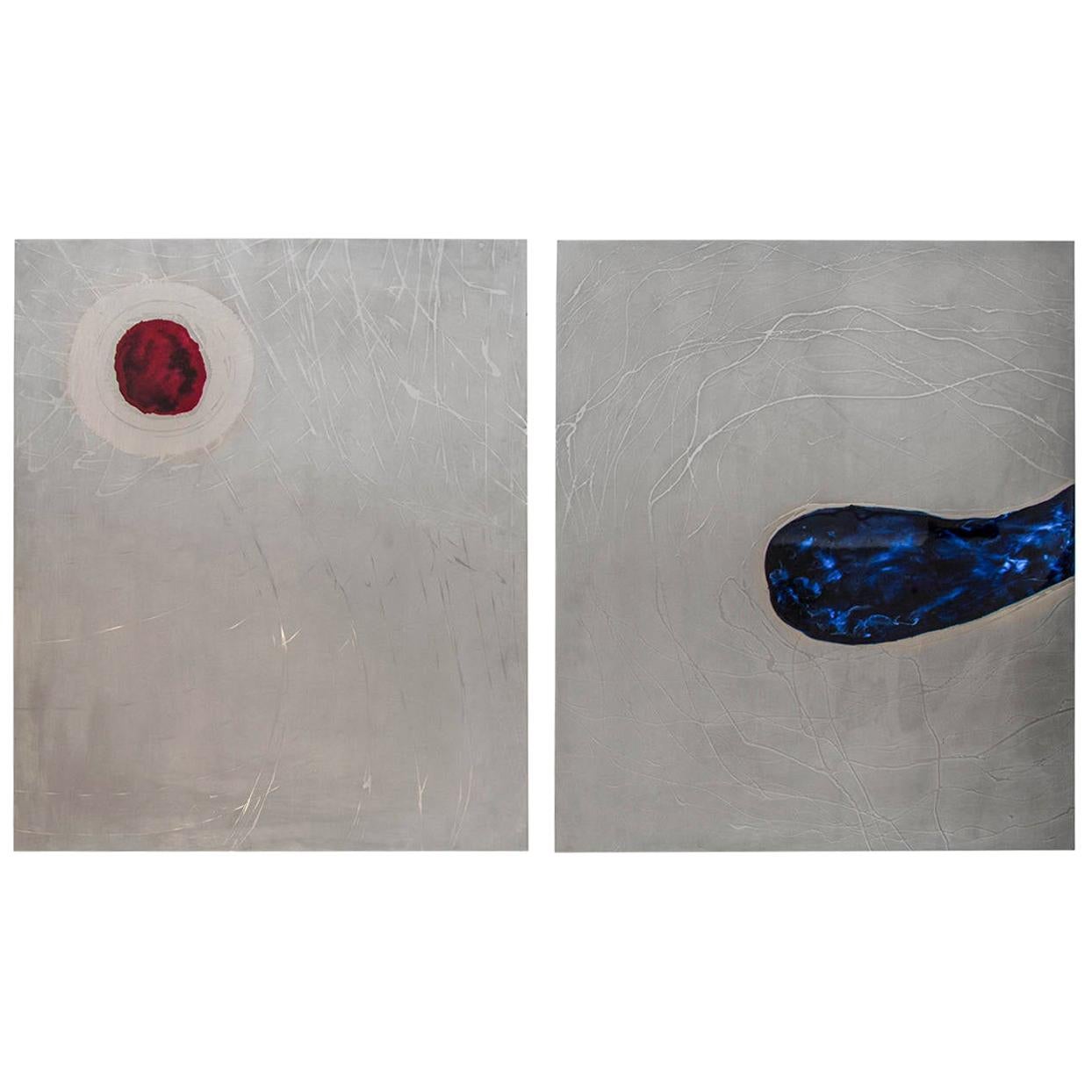 Two Abstract Paintings with Red and Blue Enamel on Etced Metal, Dutch 1980s For Sale