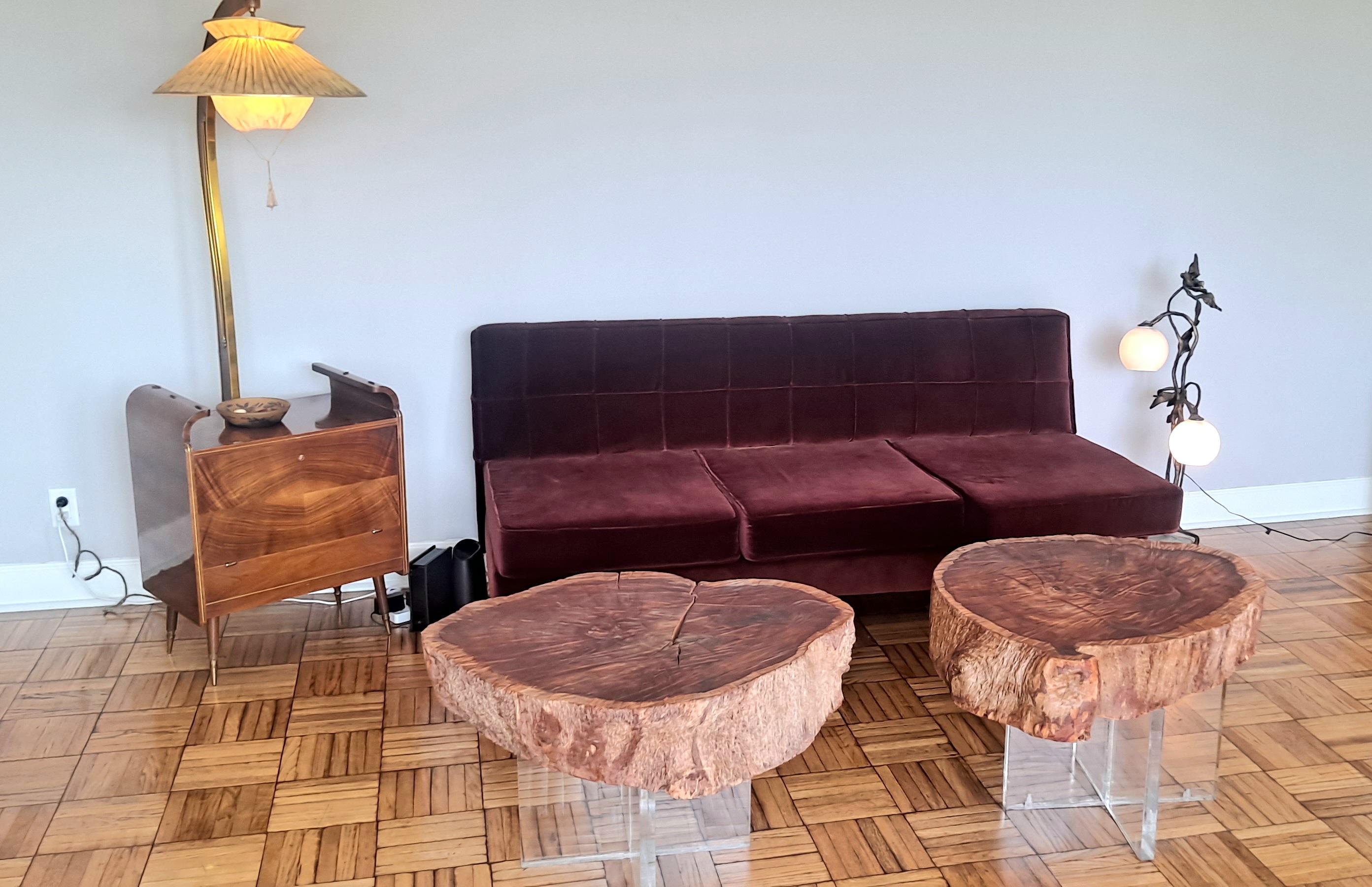 Two side table plexiglass base and Eucalyptus wood slab, the second table dimension H 21.5, W 34, D 25.
Tables can be sold separately. Plexiglass base is a 1.5 inch tick.
Two Eucalyptus slabs are about 80 years old.