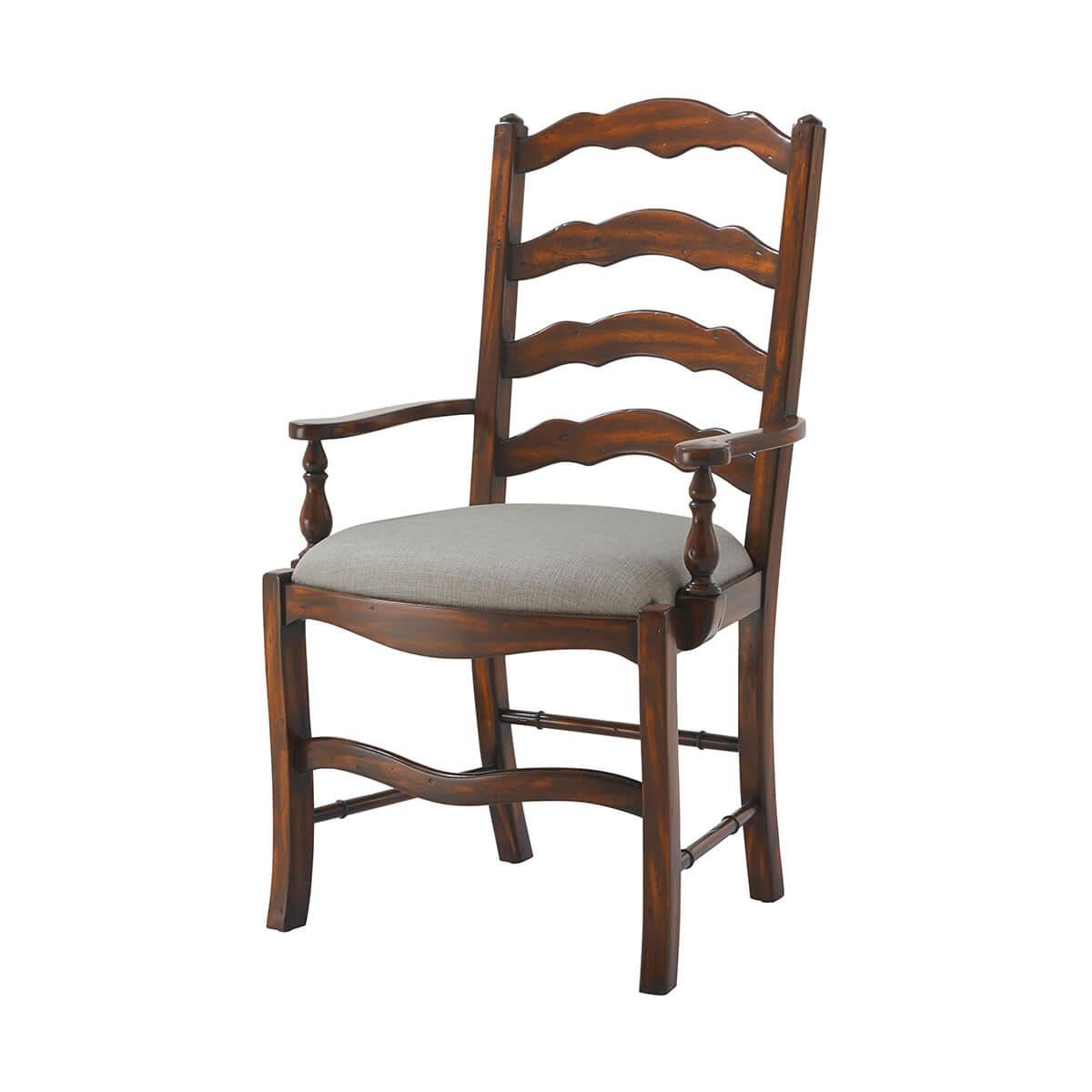 an antiqued wood dining armchair, the arched serpentine ladder back above an upholstered drop-in seat, on sabre legs joined by undulating stretchers.
Dimensions: 24.5