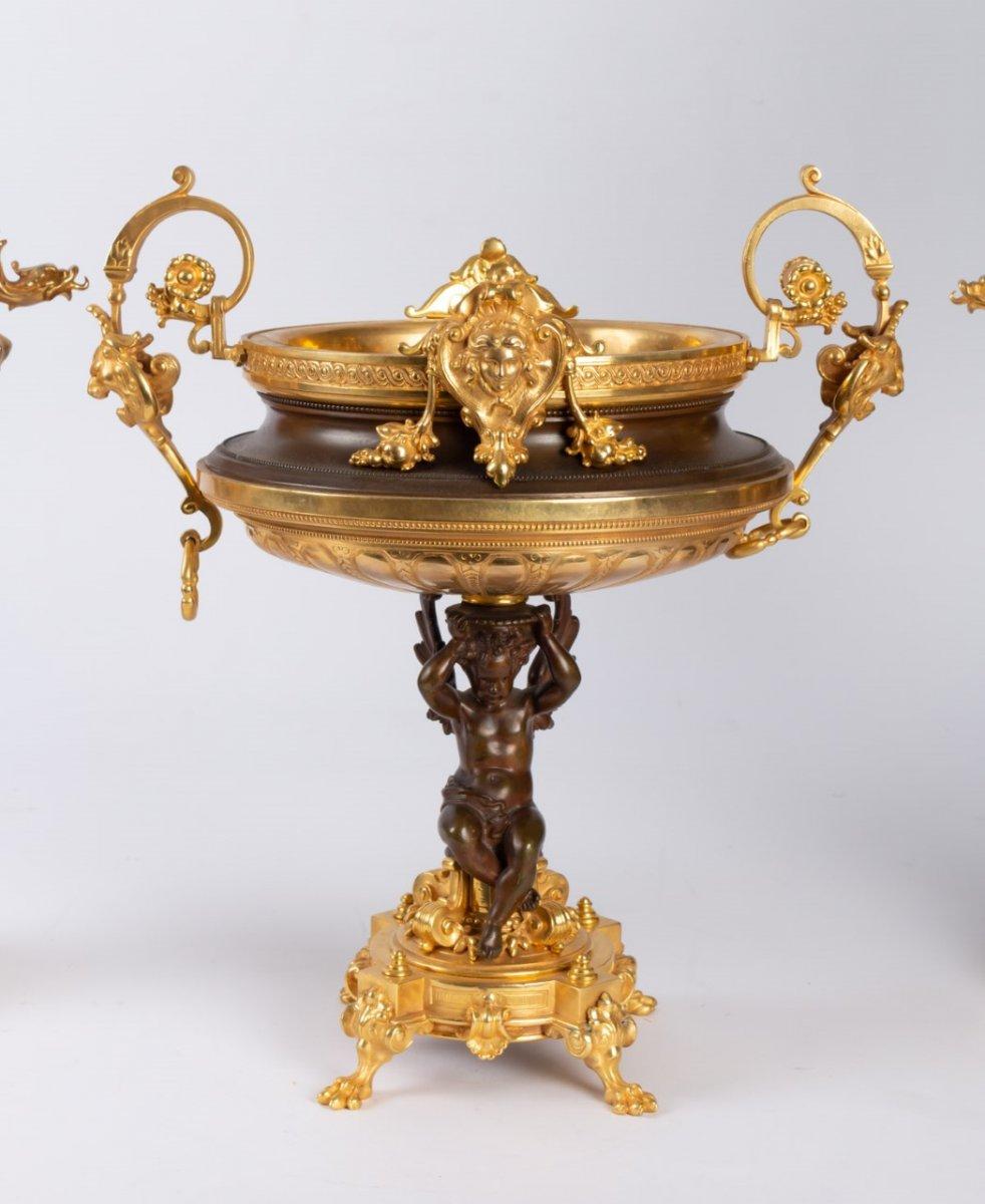 Napoleon III Two Ewers and a Bowl in Gilt and Brown Bronze