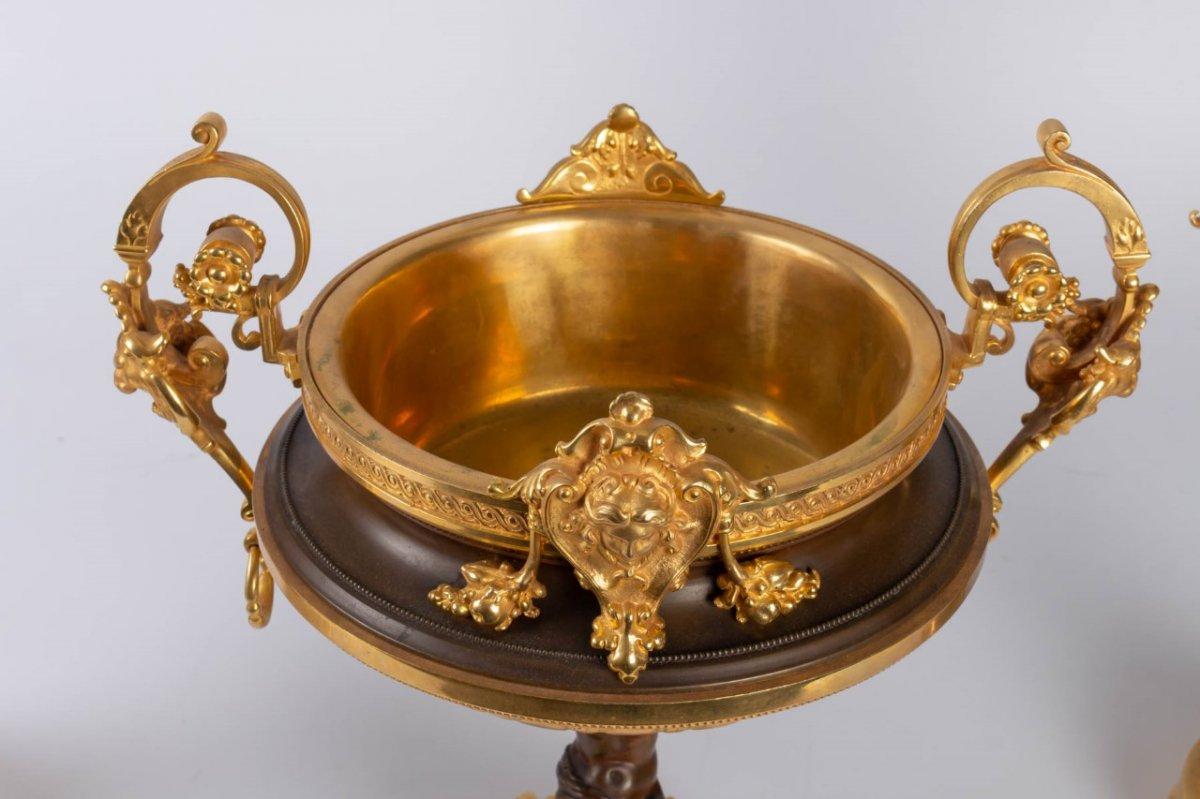 European Two Ewers and a Bowl in Gilt and Brown Bronze