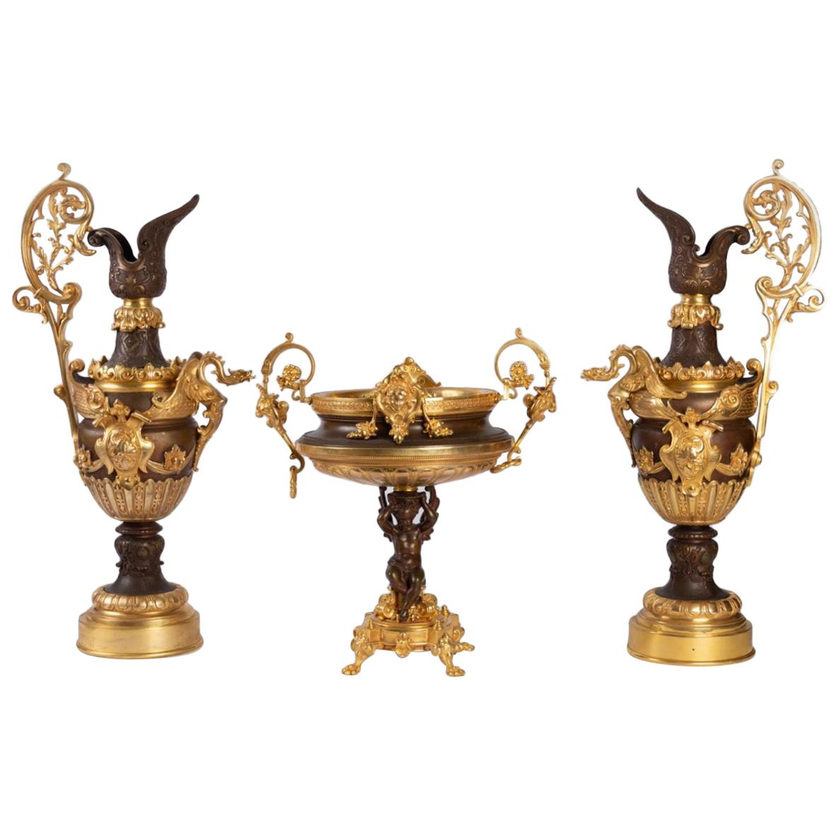 Two Ewers and a Bowl in Gilt and Brown Bronze