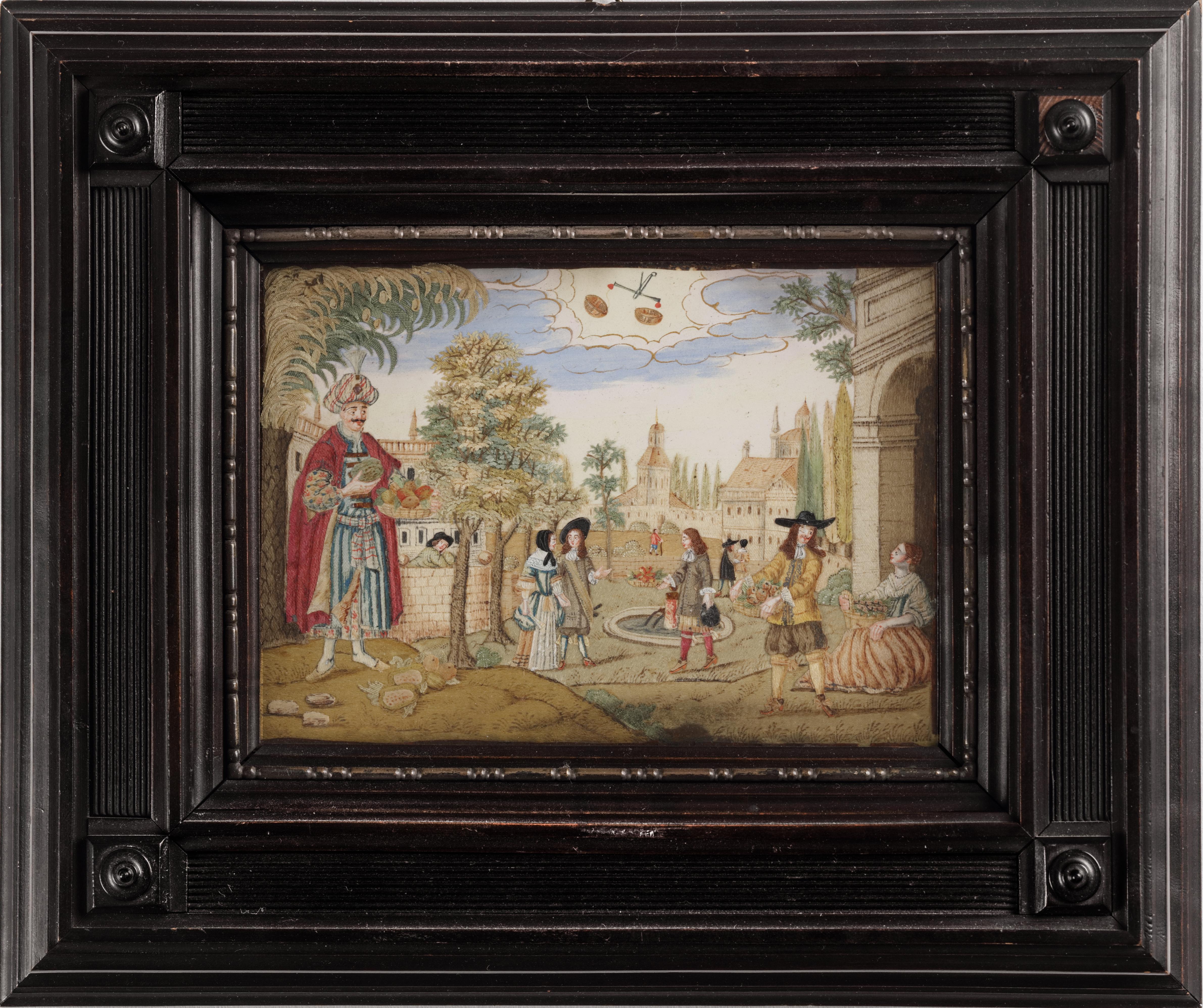 Two exceptional folk-art pictures (of a series of twelve), depicting signs of the Zodiac

South Germany or Tirol, 18th century

Various textiles and fibres applied to painted paper, 9.7 x 13.5 cm (including frame: 20 x 25 cm)

Under the sign