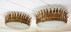 Two Extra Large Neoclassical Gilt Iron Sunburst Crown Ceiling Light Fixtures
