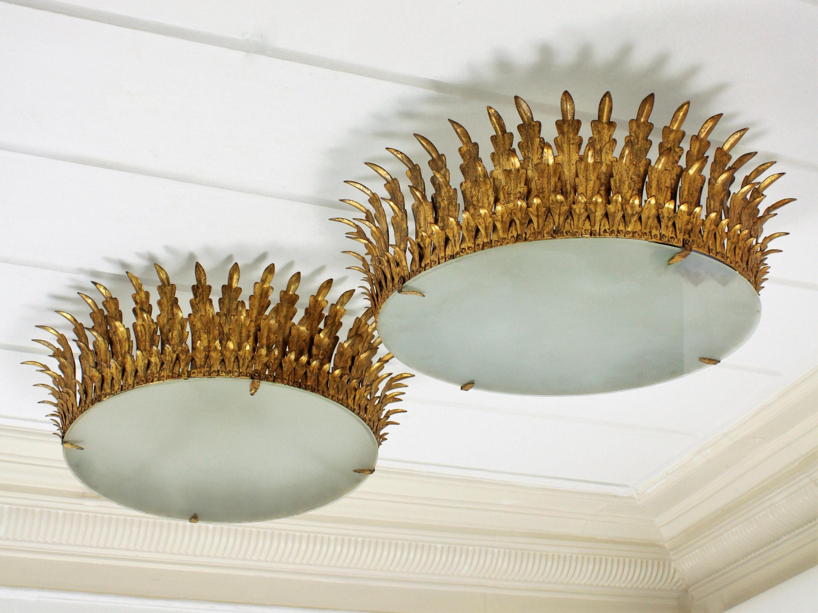 Mid-20th Century Two Extra Large Neoclassical Gilt Iron Sunburst Crown Ceiling Light Fixtures