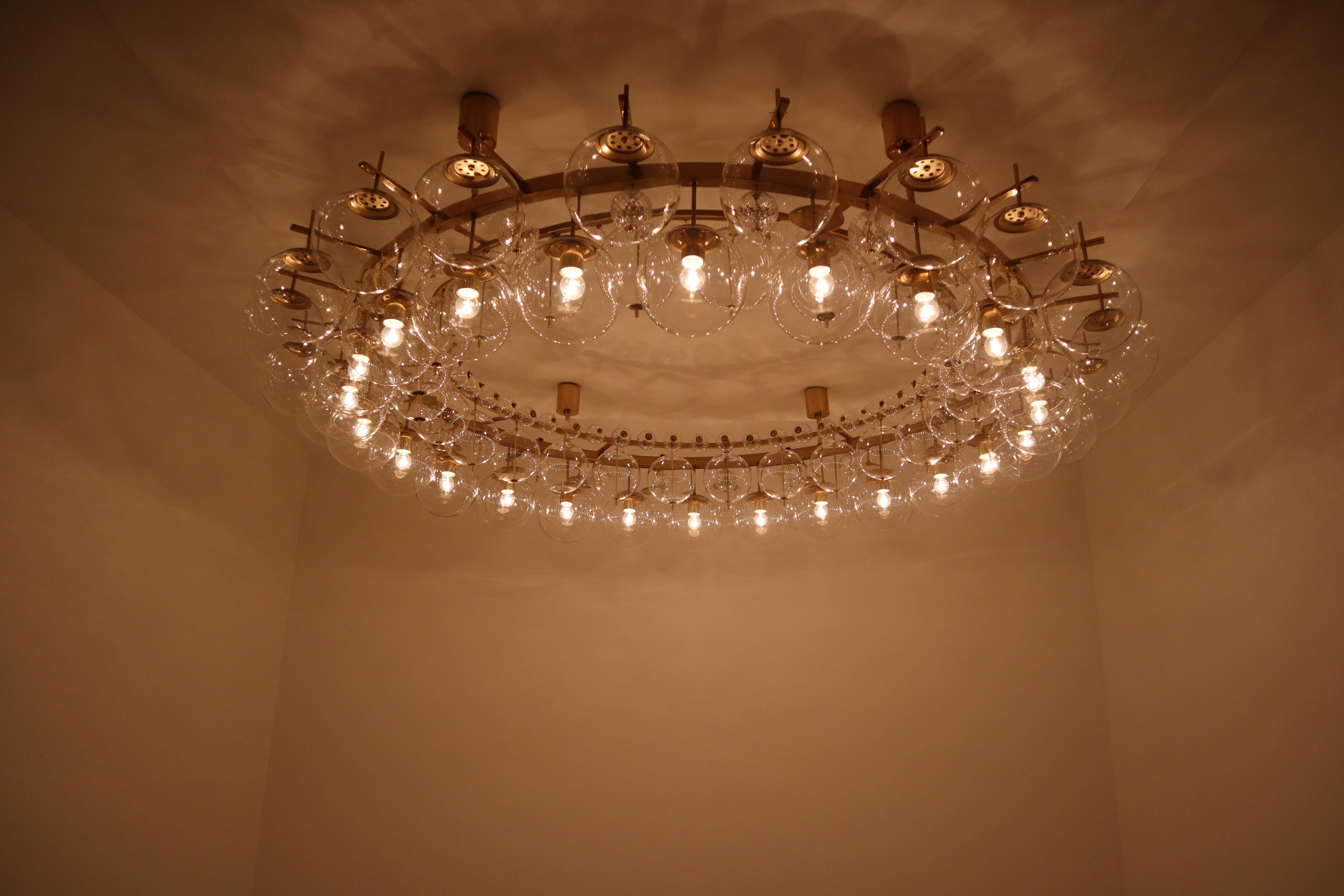 Two Extremely Large Hotel Chandeliers with Brass Fixture and Hand-Blowed Glass In Good Condition In Almelo, NL