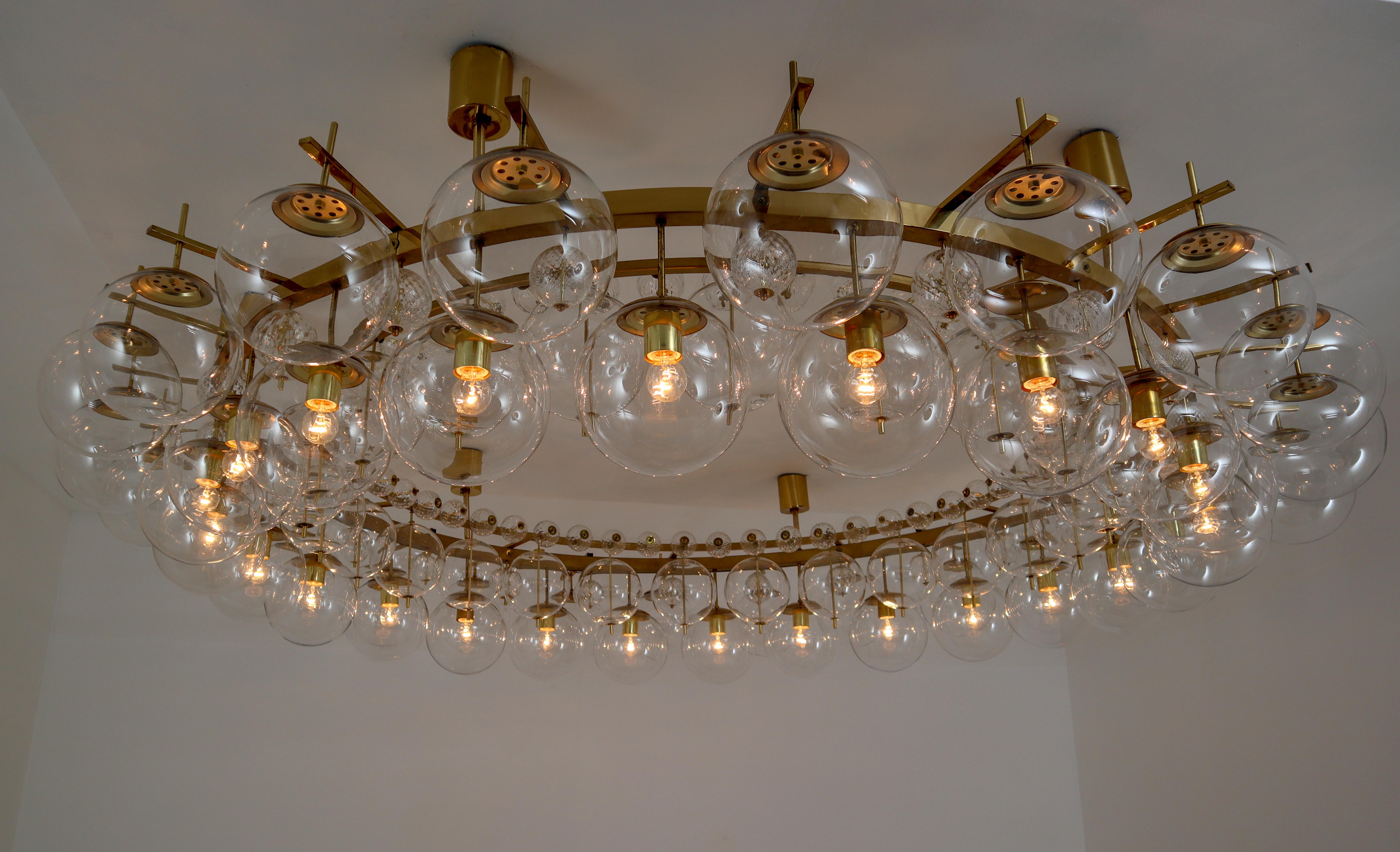 20th Century Two Extremely Large Hotel Chandeliers with Brass Fixture and Hand-Blowed Glass