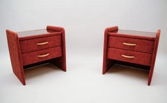 Two Fabric Upholstered Bedside Cabinets in Light Cherry Red and Glass, 1980s