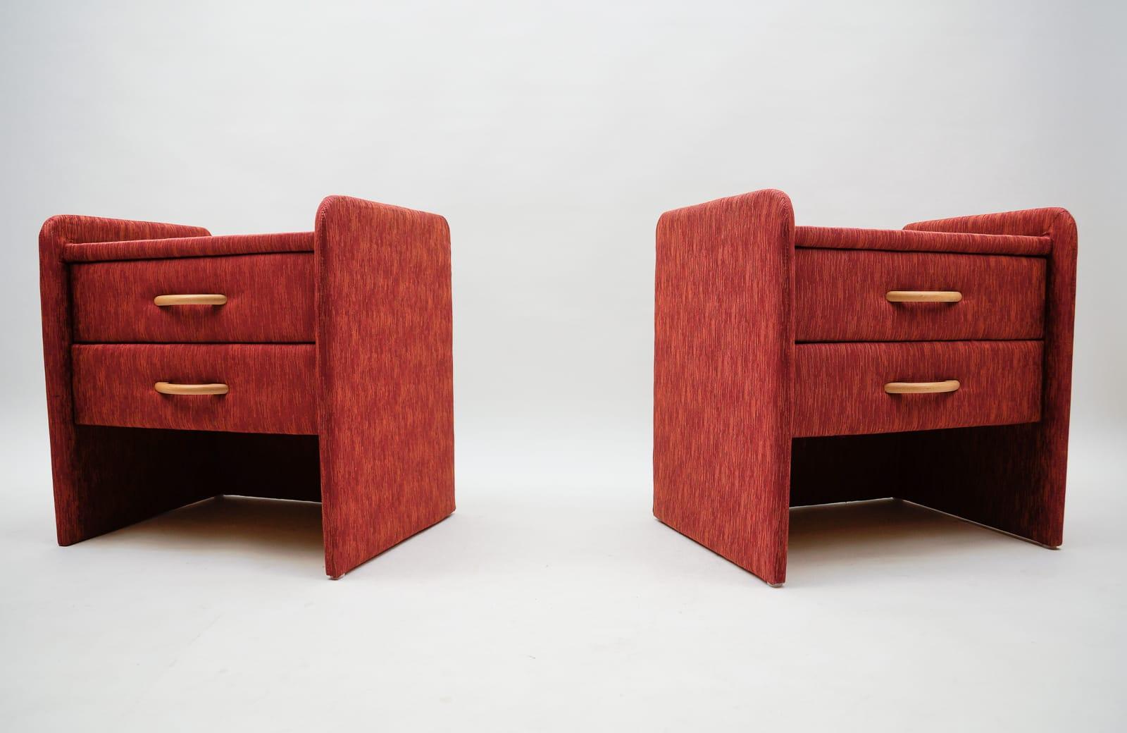 Mid-Century Modern Two Fabric Upholstered Bedside Cabinets in Light Cherry Red and Glass, 1980s For Sale