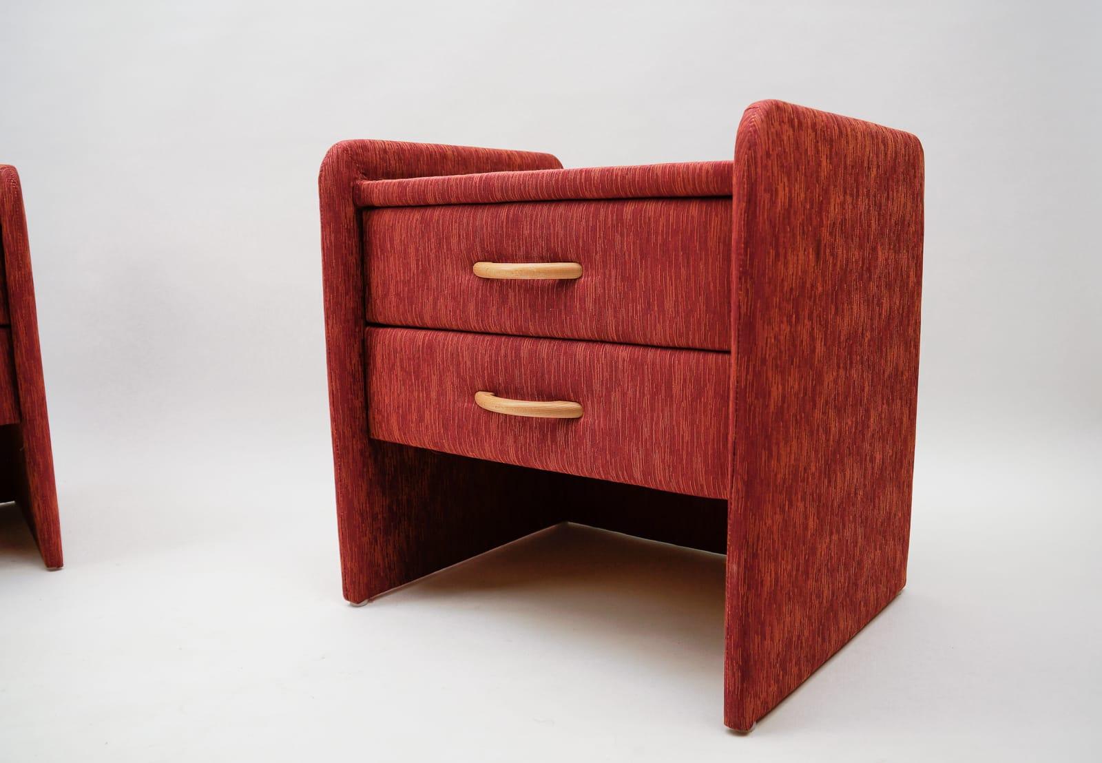 German Two Fabric Upholstered Bedside Cabinets in Light Cherry Red and Glass, 1980s For Sale