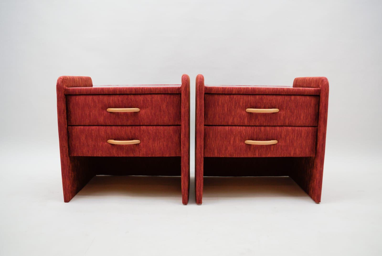 Pressed Two Fabric Upholstered Bedside Cabinets in Light Cherry Red and Glass, 1980s For Sale