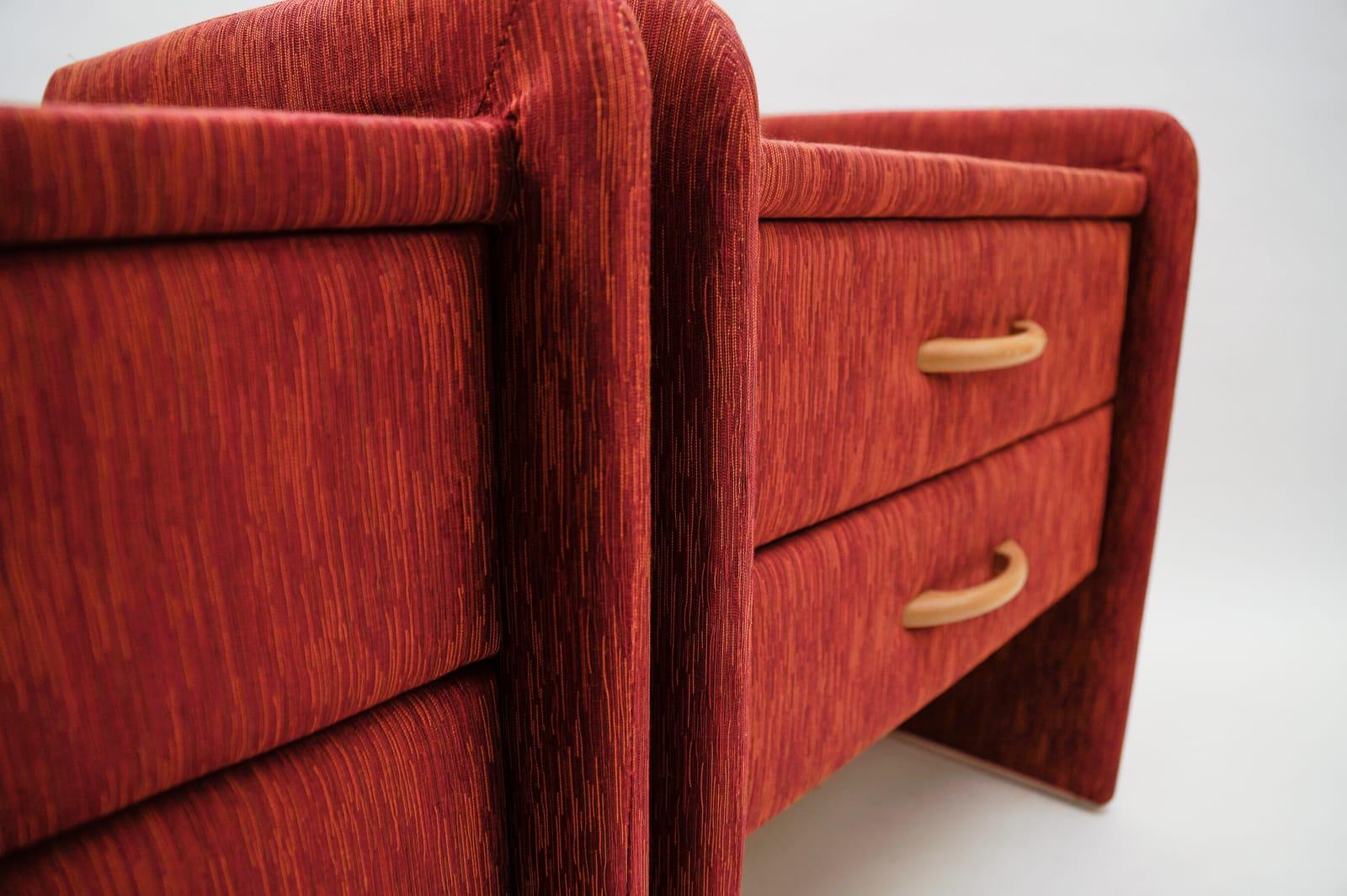 Wood Two Fabric Upholstered Bedside Cabinets in Light Cherry Red and Glass, 1980s For Sale